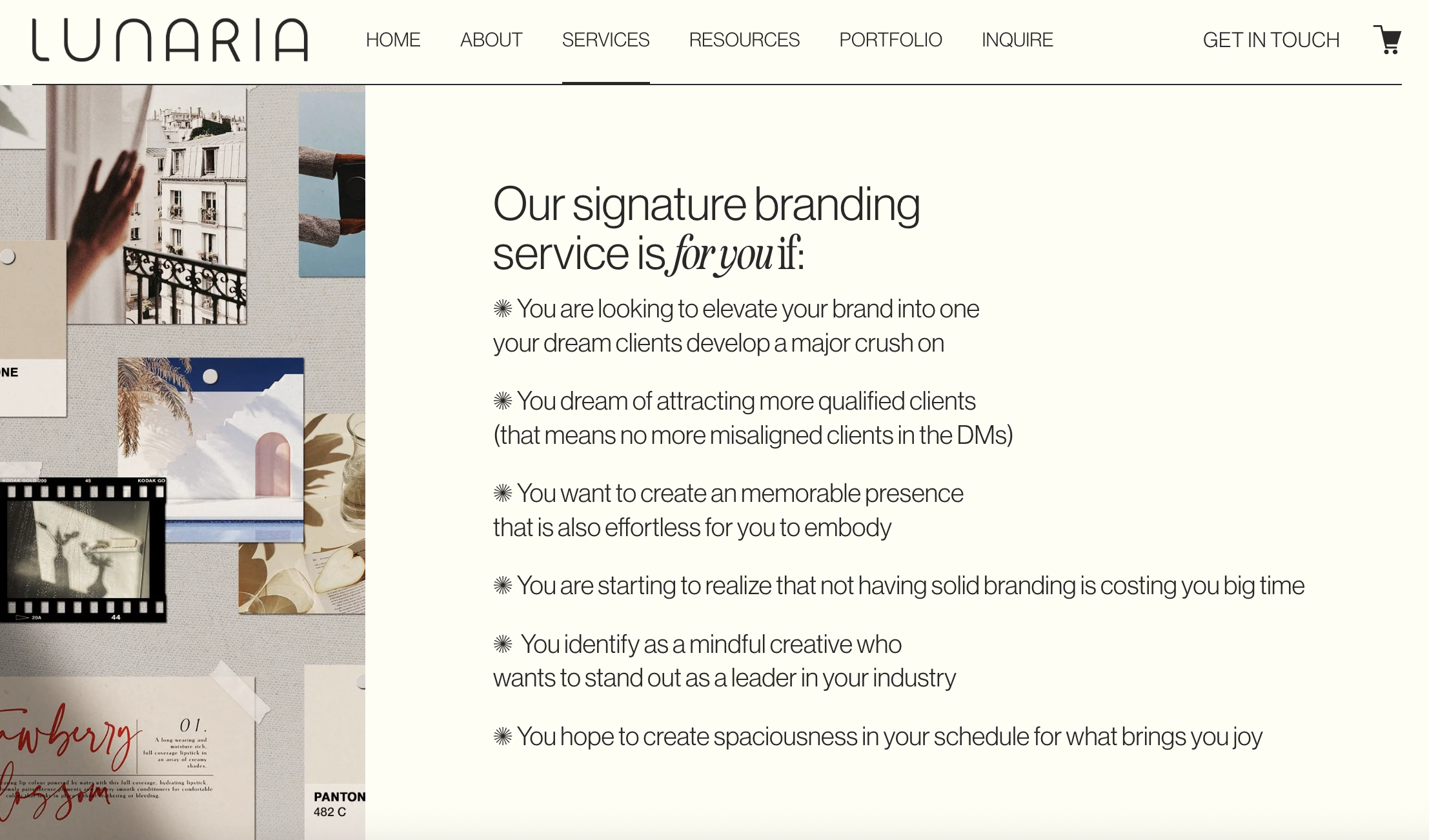 Screenshot of Lunaria Design Studio's Services Page. Featuring H2 header, six bullet point body paragraphs, and a photo of design photos in a collage format on the left side of the page.