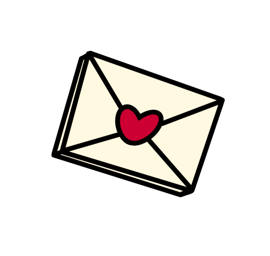 Animated illustration of a cream envelope with a red heart on it, outlined in black.