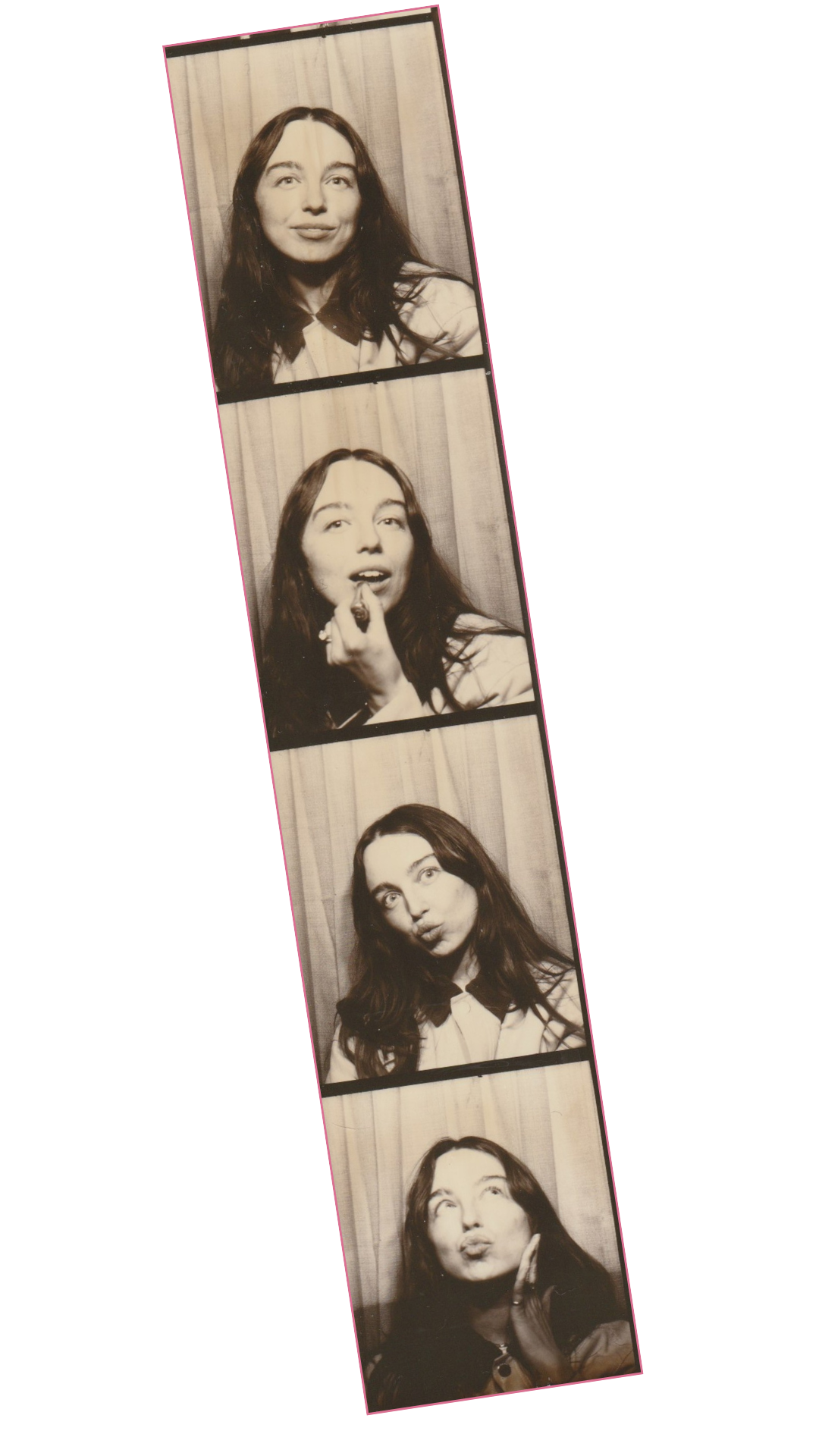 scanned image of vintage photobooth photos of a girl with brown hair wearing a collared jacket.