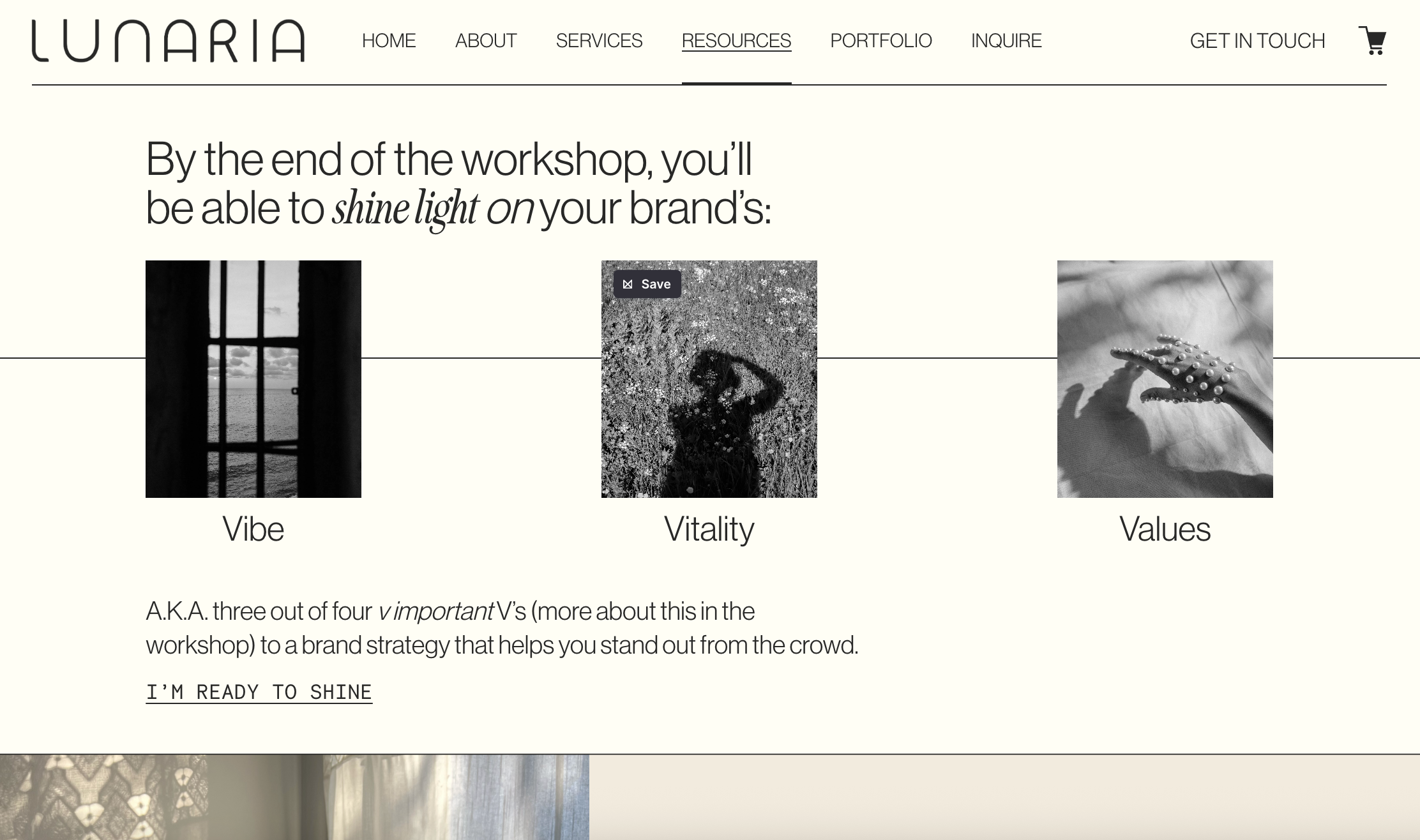 Screenshot of Lunaria Design Studio's Homepage. Featuring H2 header, three photos, with text directly below and a CTA button to click. 
