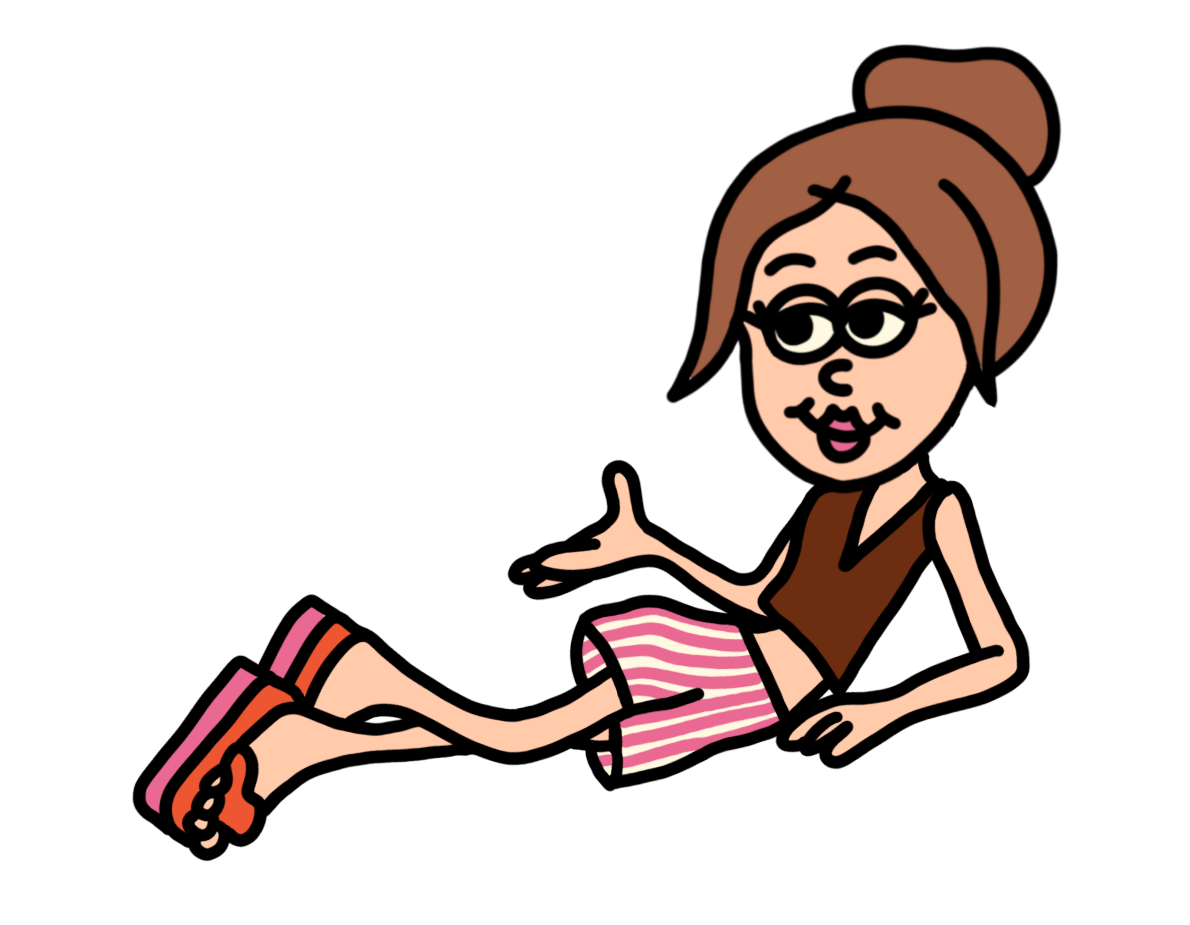 Cartoon Illustration of woman, designed to be Taylor the copywriter, with brown hair in a bun, wearing glasses, a brown sleeveless top and pink striped shorts and platform sandals, laying down with left arm propped up.