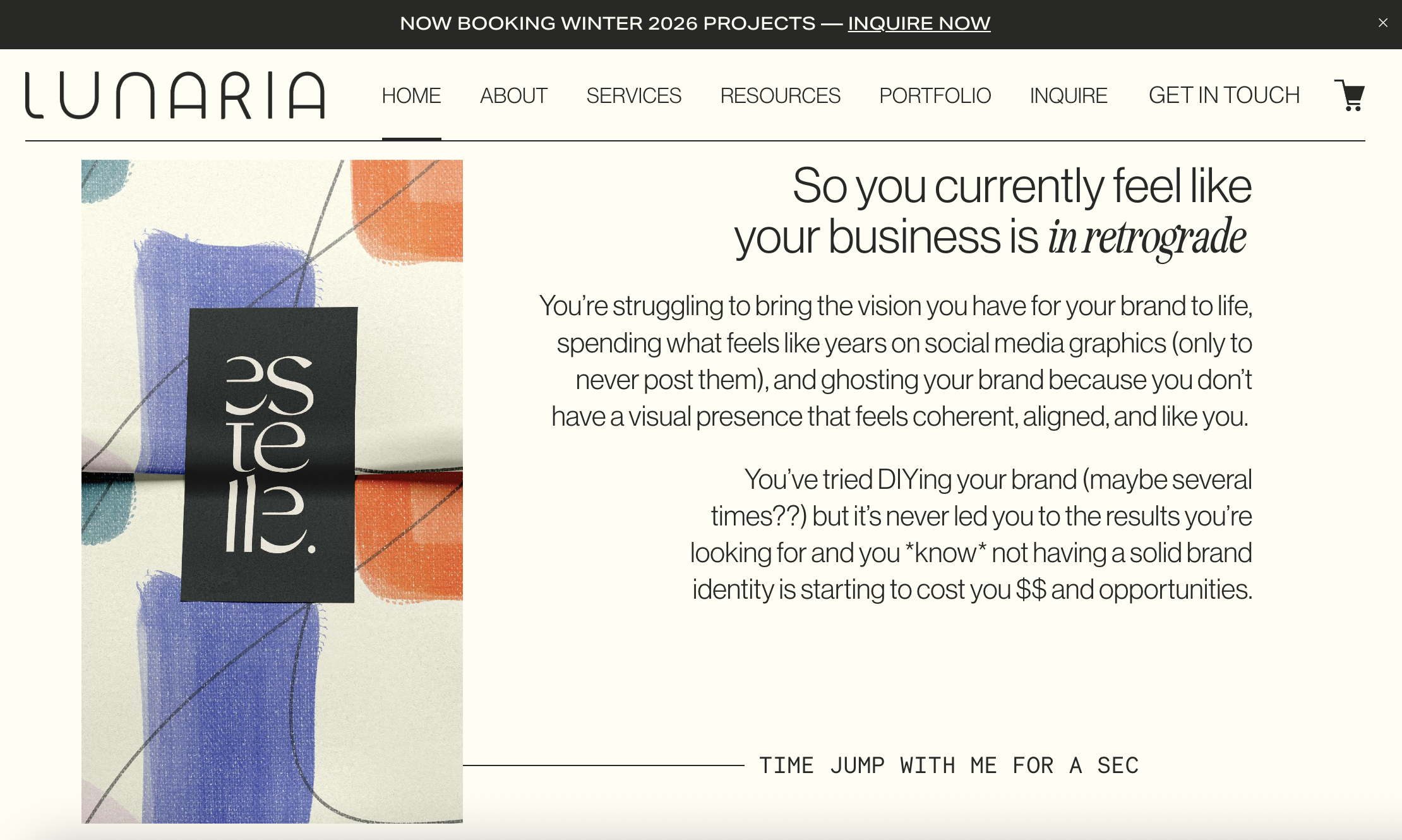 Screenshot of Lunaria Design Studio's Homepage. Featuring H2 header, two body paragraphs, and a photo of design packaging on the left side of the page.
