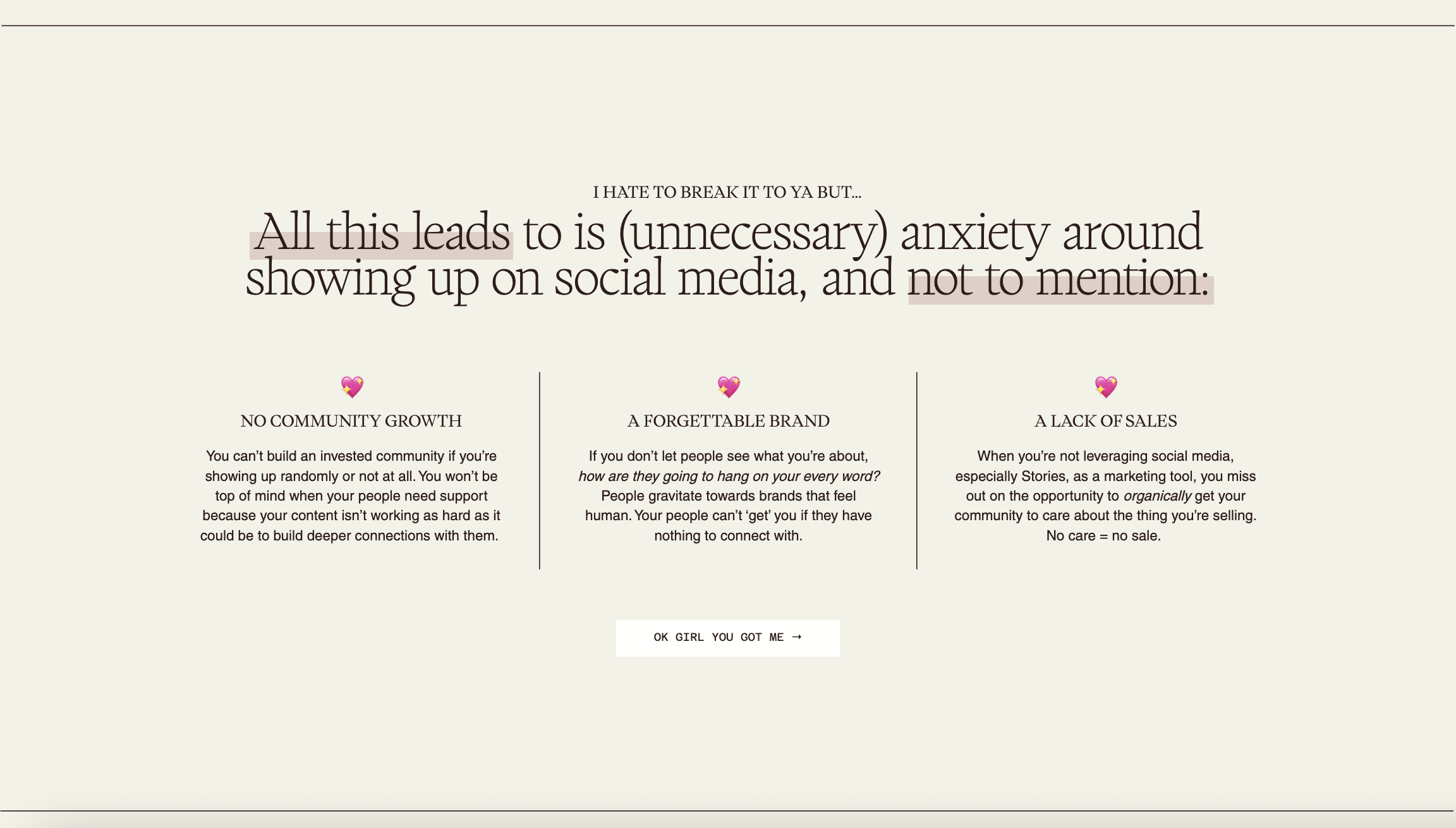 Screenshot of About Monday's Scoops Sales Page. Features header with three smaller paragraphs in a consecutive line below, and a white CTA button.