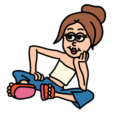 Animated Illustration of woman, designed to be Taylor the copywriter, sitting with crossed legs in a white tube top, denim jeans, and pink and orange platform sandals.