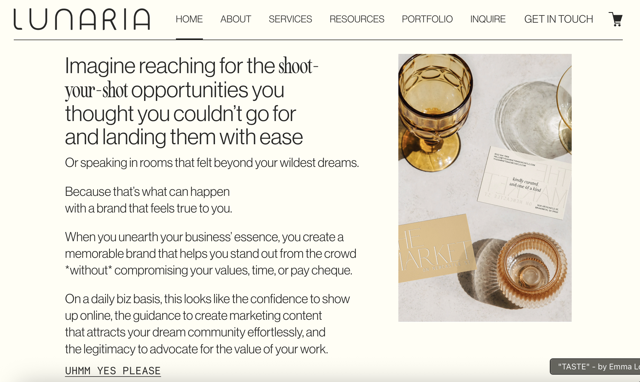 Screenshot of Lunaria Design Studio's Homepage. Featuring H2 header, two body paragraphs, and a photo of design packaging on the right side of the page.
