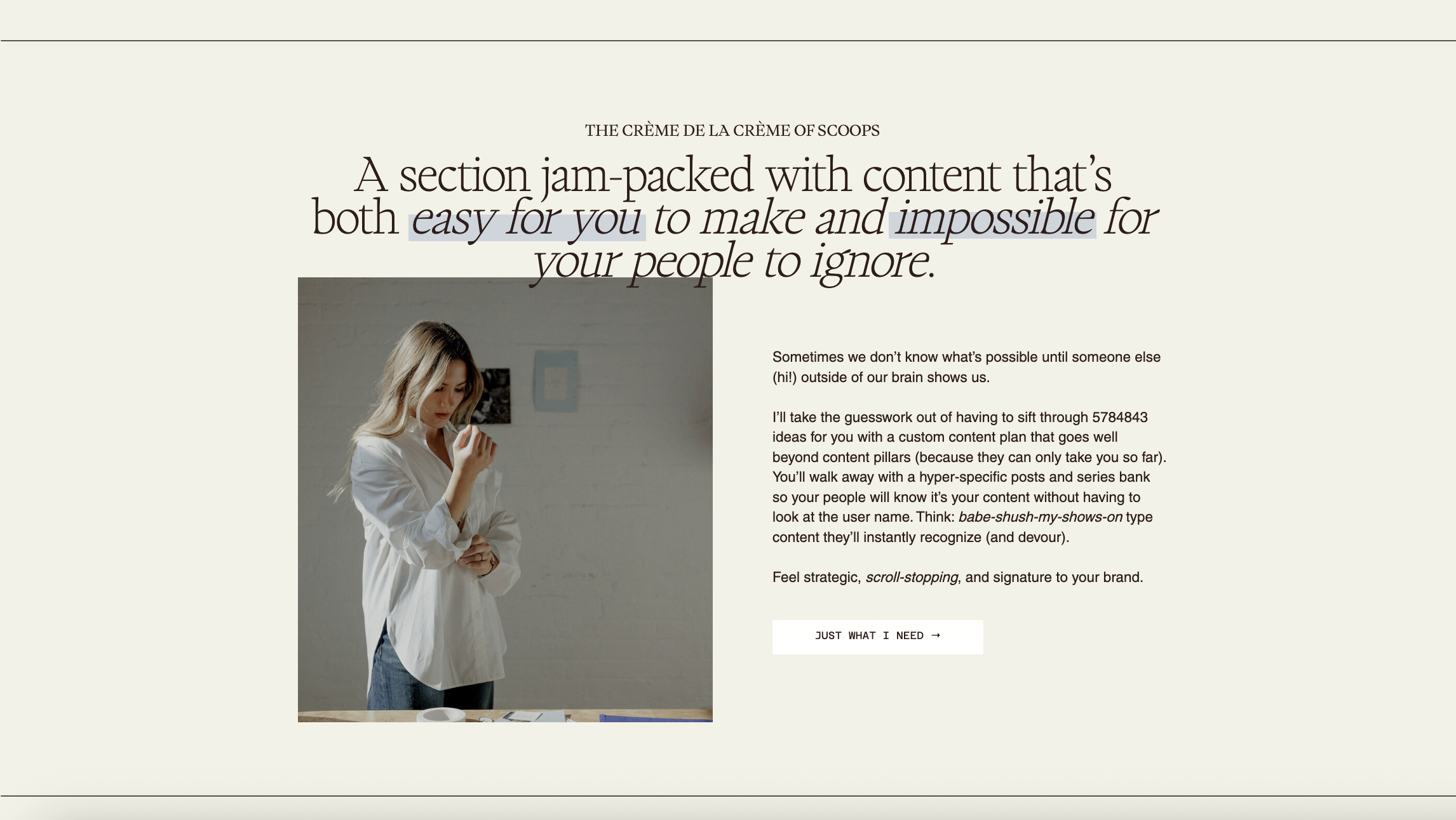 Screenshot of About Monday's Scoops Sales Page. Featuring H2 header with a paragraph and a white CTA button below. Left size includes a photo of a blonde woman fixing her white button down shirt sleeve, wearing blue jeans. 