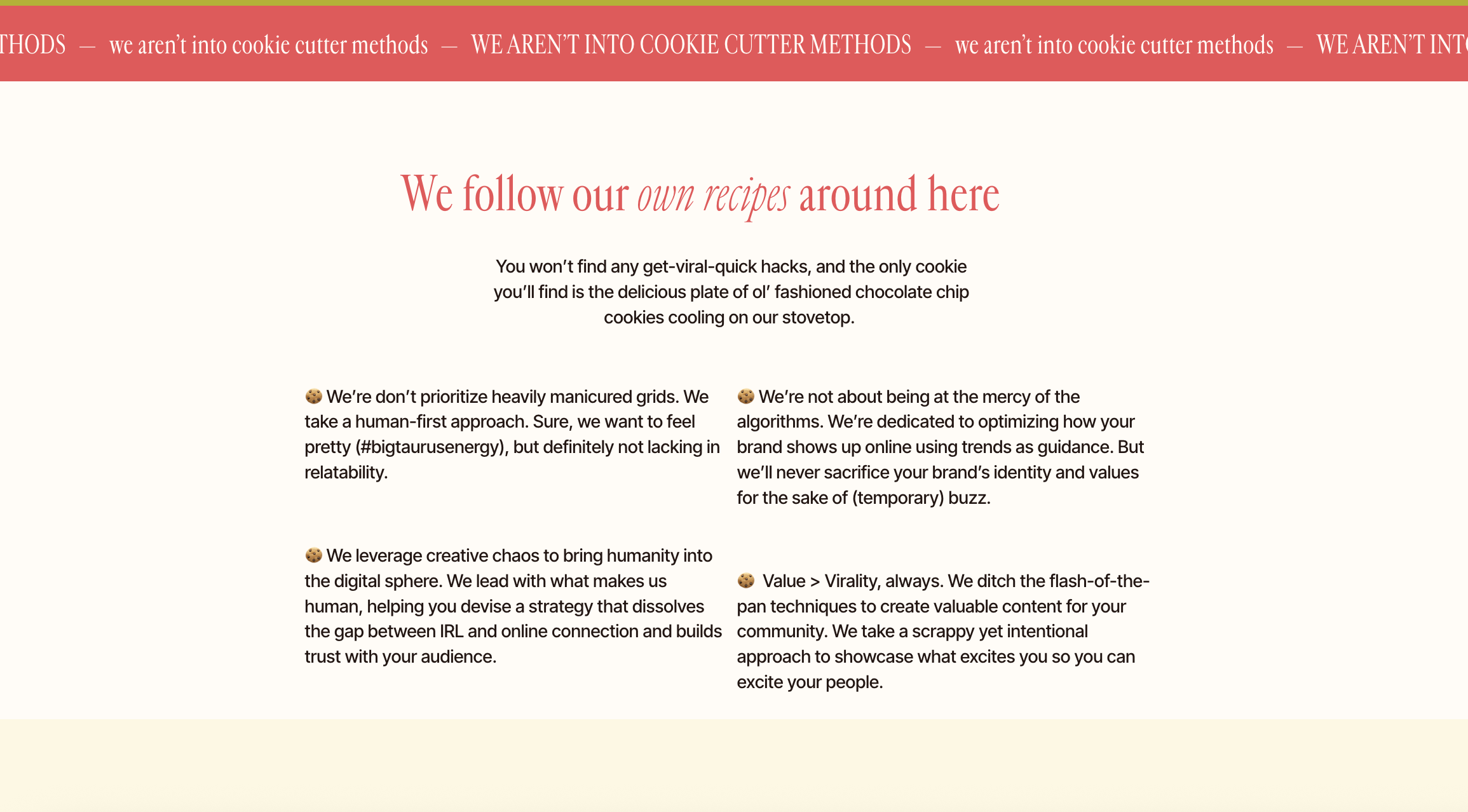 Screenshot of Embody Creative Co.'s About Page. Red marquee at the top. Header that reads, "We follow our own recipes around here." 5 paragraphs below on a white background. 