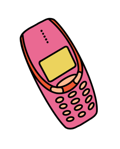 Cartoon Illustration of a pink mobile phone with a light green screen, peach keypad, and orange detailing.