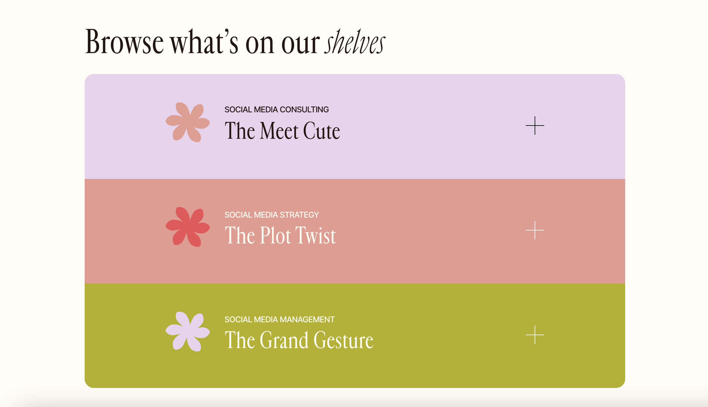 Screenshot of Embody Creative Co.'s homepage. Header that reads, "Browse what's on our shelves," and 3 colourful sections with cutout flowers and a plus sign button that leads to a drop down.