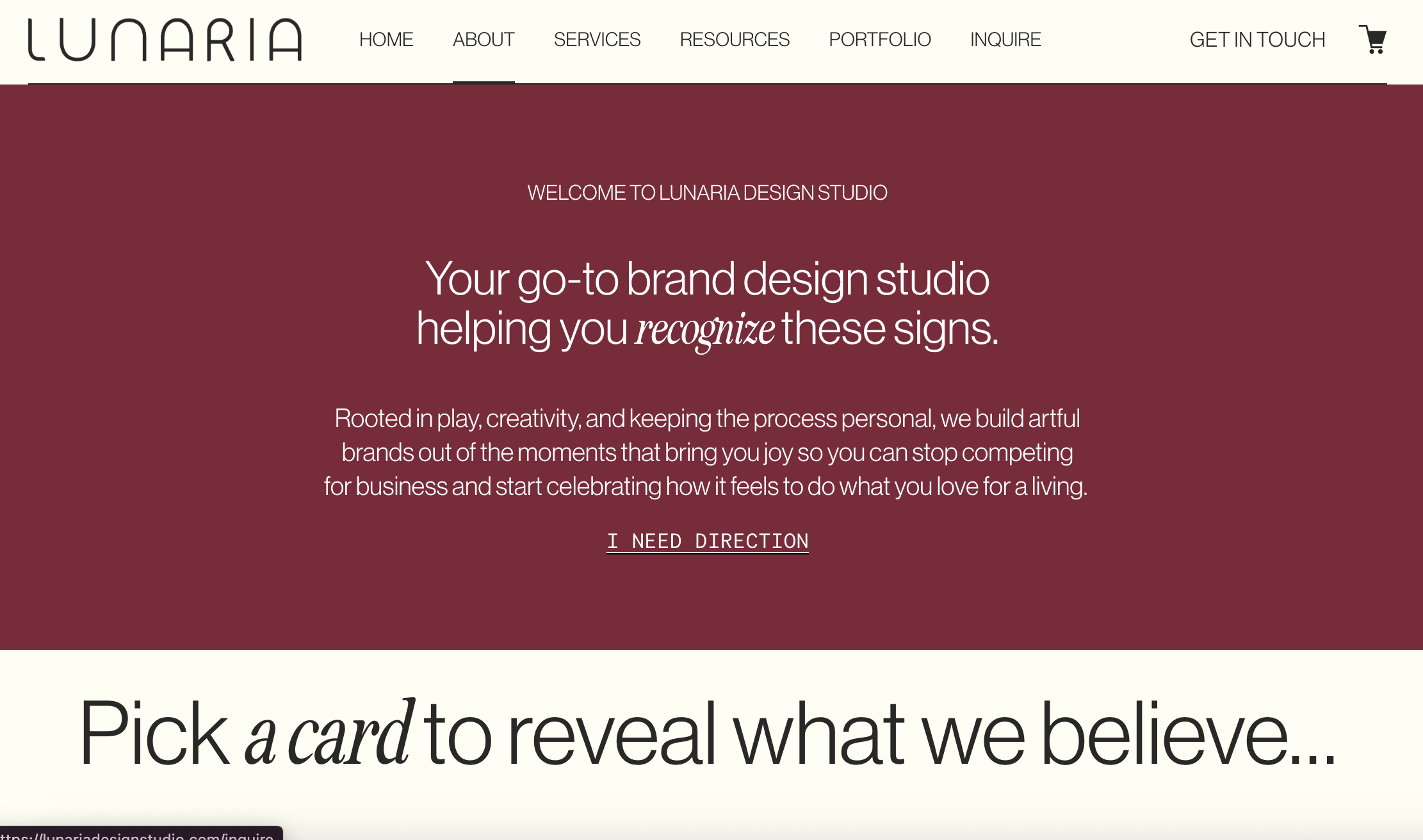 Screenshot of Lunaria Design Studio's About Page. Featuring header and paragraph on red background, and a larger header on a cream background directly below.