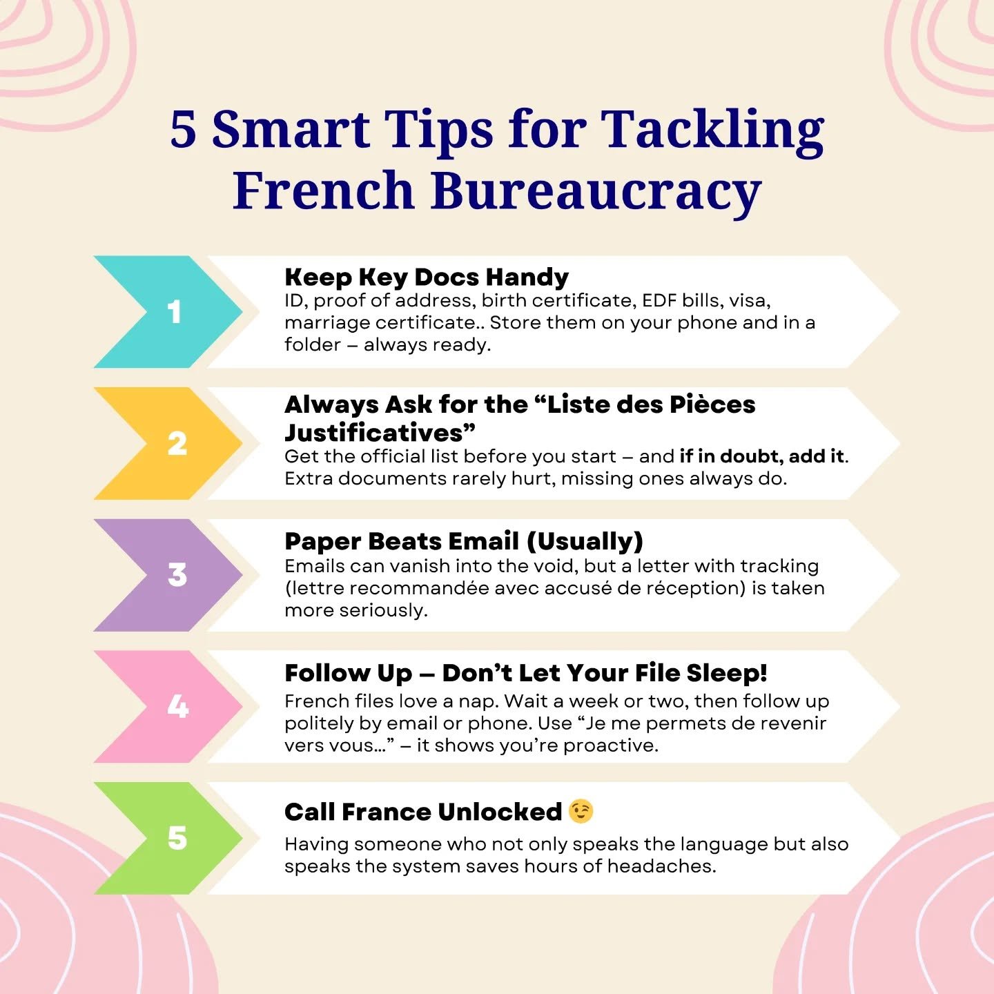Feeling overwhelmed by French bureaucracy? You&rsquo;re not alone!

Here are 5 clever tips to stay organised, save time, and deal with French admin without losing your mind. 💪✨

💡 Pro tip: Keep a folder (digital + paper) with your key documents &md