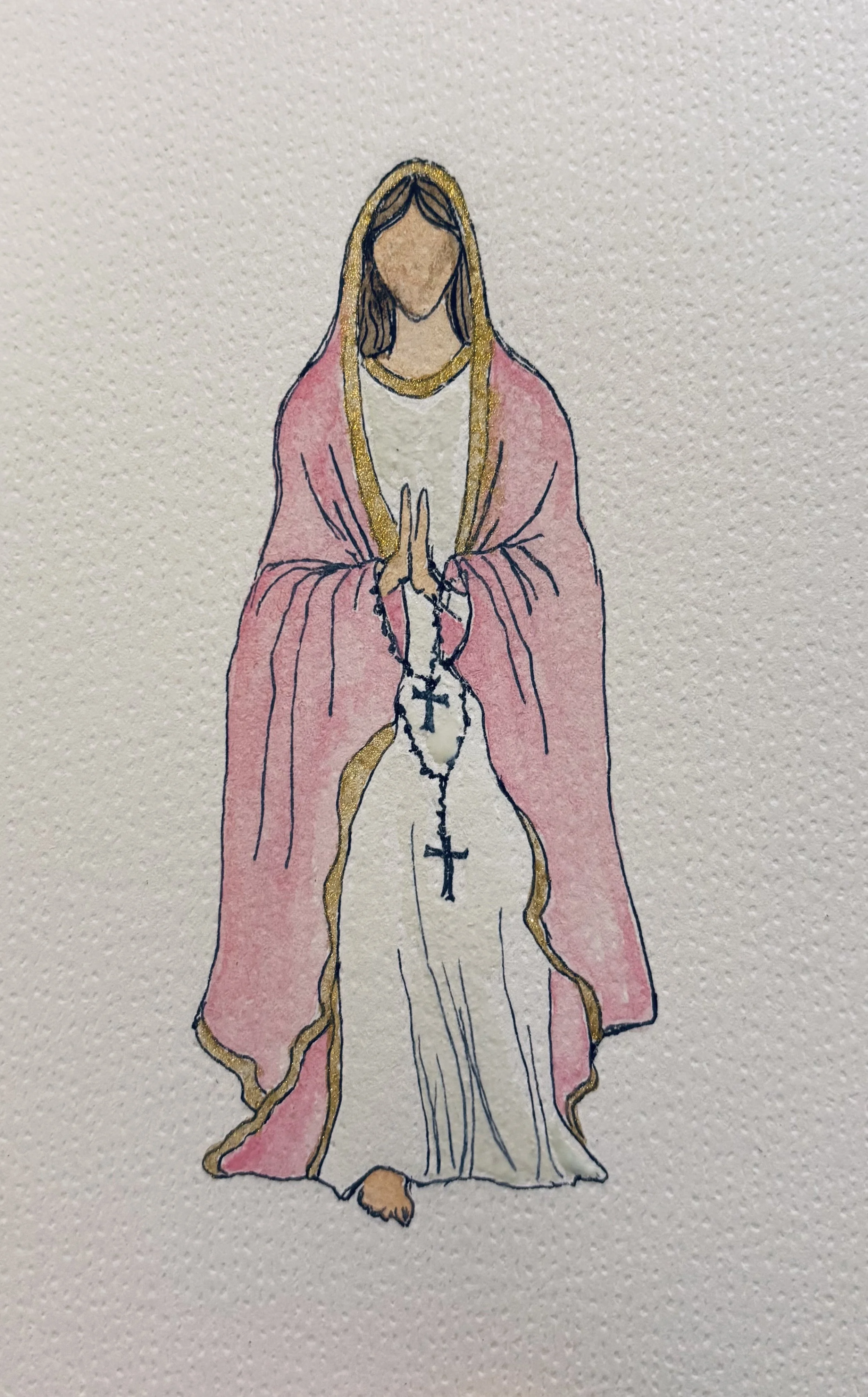 5 x 7  "Blessed Holy Mother" - Pink (watercolor and pen) prints