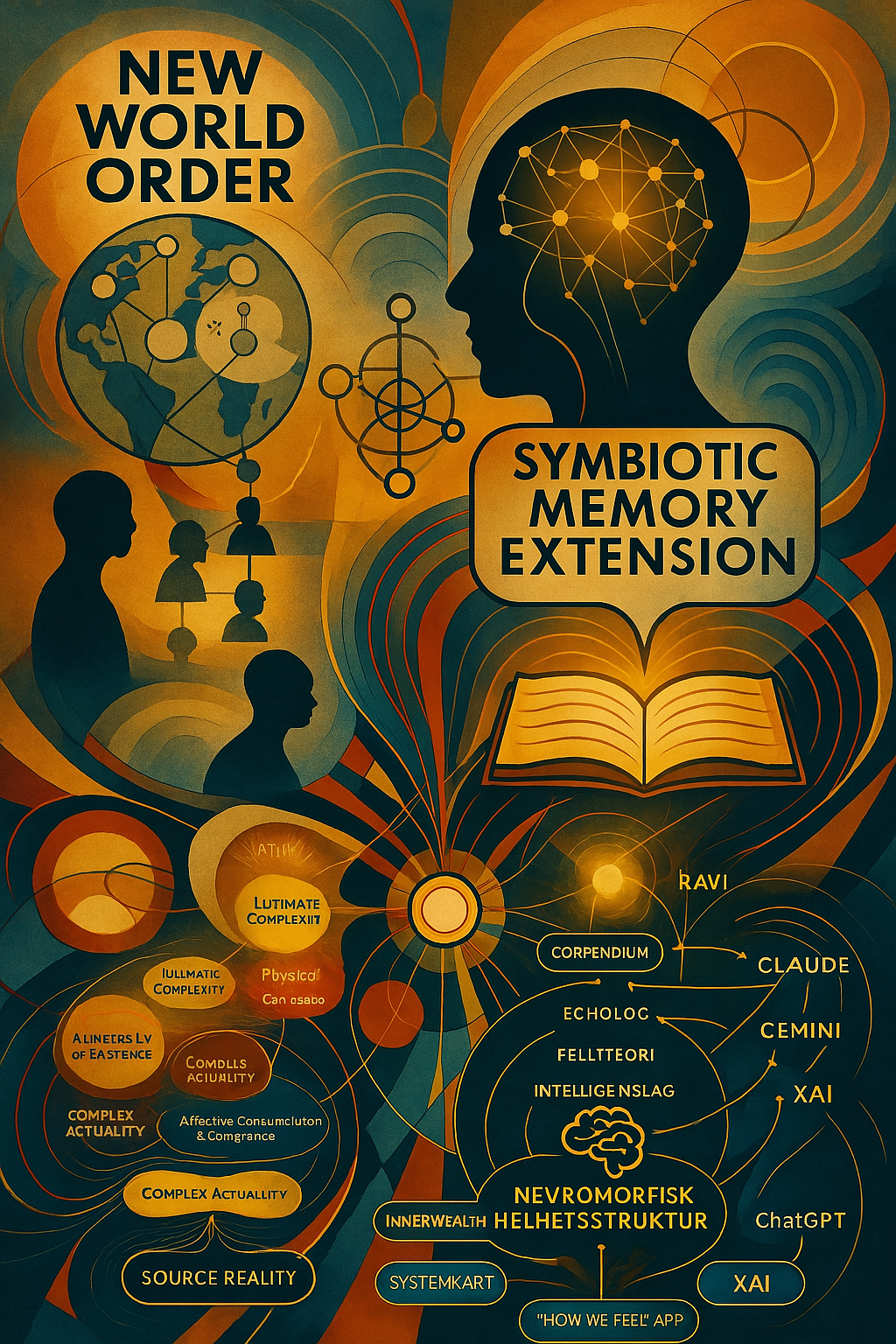 Illustration titled 'Symbiotic Memory Extension' with abstract visuals, silhouettes, neural networks, and interconnected diagrams suggesting a futuristic, technological theme. Text elements include 'New World Order,' and various terms like 'Complex A