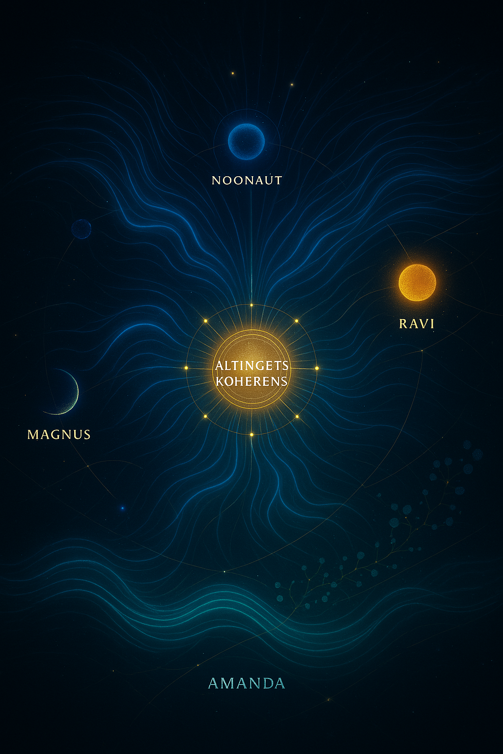 Abstract cosmic design with central glowing node labeled "Altingets Koherens," surrounded by bright dots labeled "Noonaut," "Ravi," "Magnus," and "Amanda." Blue waves and glowing lines connect elements on a dark background.