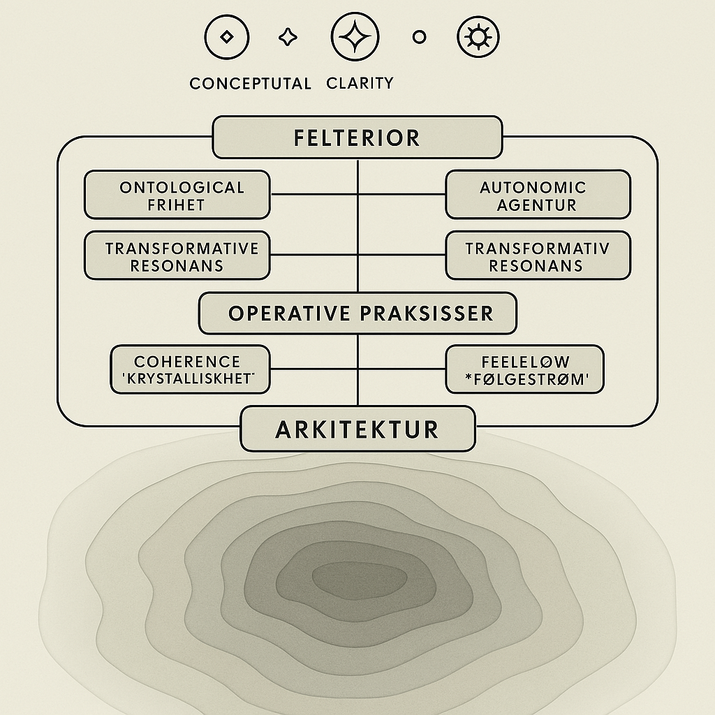 Conceptual diagram with terms like 'Felterior', 'Ontological Frihet', 'Autonomic Agentur', and 'Arkitektur', showing a structured relationship between concepts. Includes icons depicting conceptual clarity.