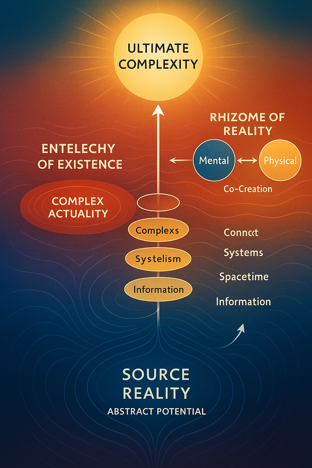 Diagram illustrating the concept of ultimate complexity, entelechy of existence, rhizome of reality, and source reality. The flow goes from source reality (abstract potential) through information, systemism, complex, complex actuality, to ultimate co