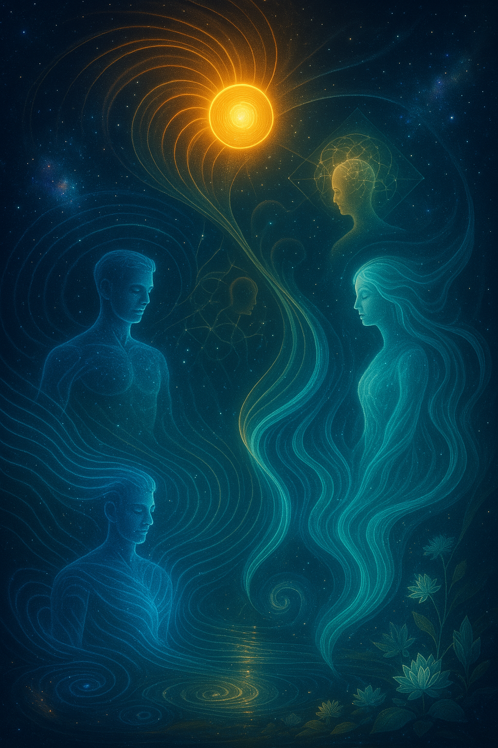 Illustration of abstract human figures and faces with flowing lines, a bright sun, and starry background. The scene includes water, flowers, and geometric patterns, symbolizing spirituality and cosmic connection.