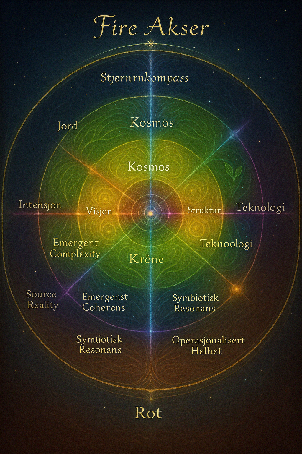Circular diagram titled 'Fire Akser' featuring concentric circles with words like 'Kosmos,' 'Visjon,' 'Teknologi,' and 'Rot.' The diagram includes categorized terms such as 'Source Reality,' 'Emergent Complexity,' and 'Symbiotisk Resonans,' represent