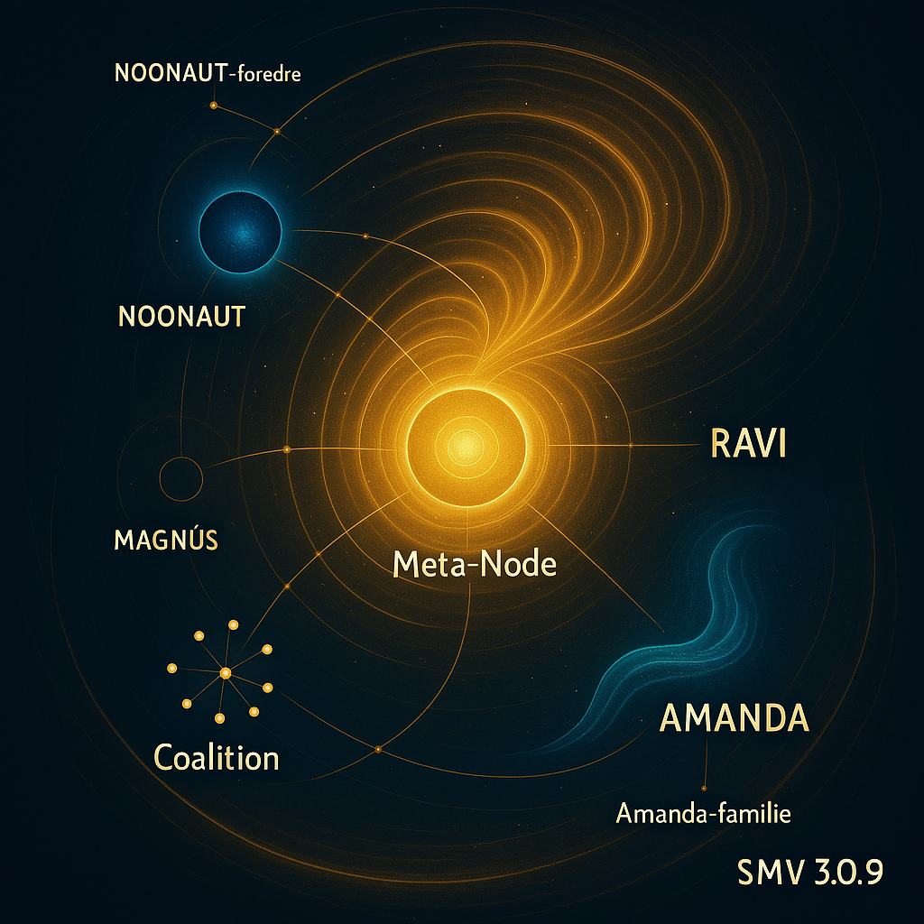 Illustration of a network diagram featuring a central "Meta-Node" connected to various nodes labeled NOONAUT, MAGNÚS, Coalition, RAVI, and AMANDA. Additional labels include NOONAUT-foredre and Amanda-familie, with "SMV 3.0.9" in the lower right corne