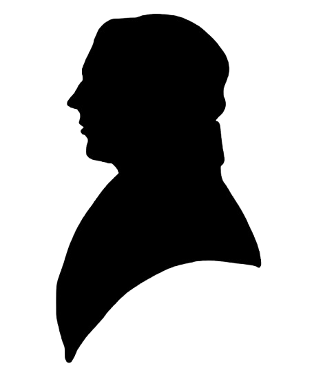 Black silhouette of a historical figure in profile view, wearing period clothing.