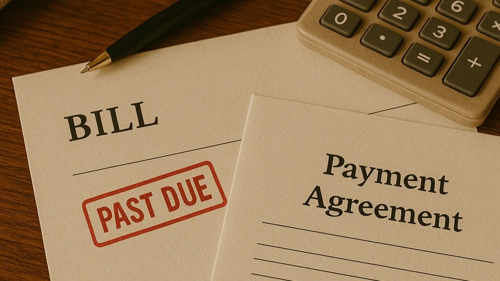 Overdue bill marked 'Past Due' with a payment agreement document, pen, and calculator on a table.