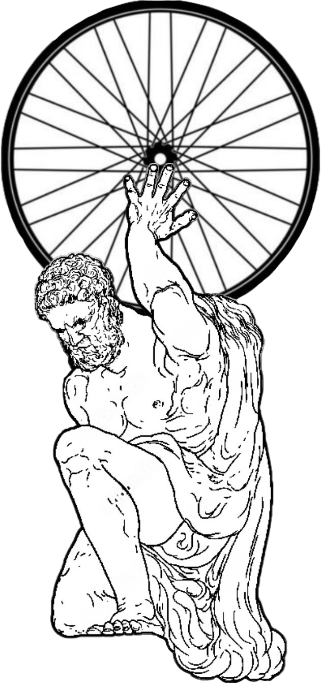 Illustration of a kneeling man holding up a bicycle wheel, reminiscent of Atlas holding the world.