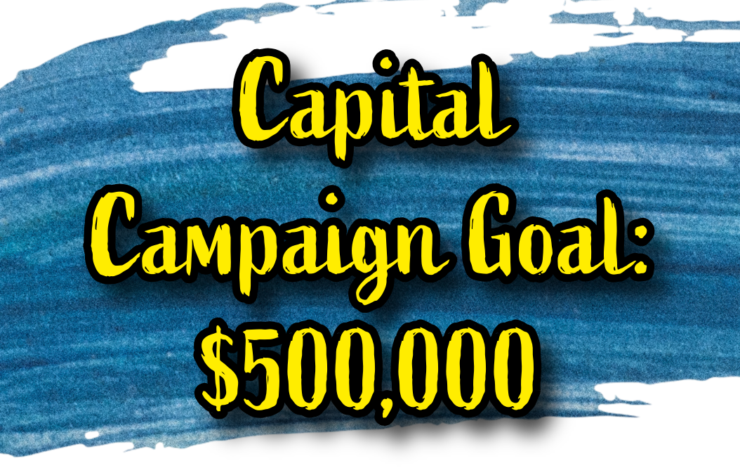 Text reading 'Capital Campaign Goal: $500,000' on a blue brushstroke background.