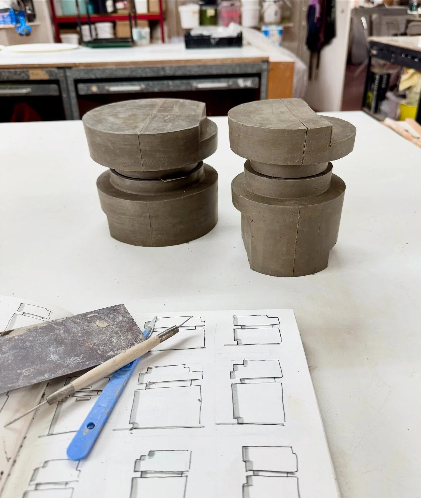 New jars in the making! These are the clay masters &mdash; thrown, trimmed, and carefully carved. This is just one stage in the intricate process of creating my jars. Next up: mold-making, where each section becomes a 2- to 3-part mold.
Every stage h