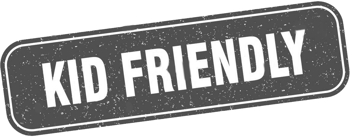 A black rectangular sign with rounded corners reading "Kid Friendly" in white capital letters, with a distressed texture.