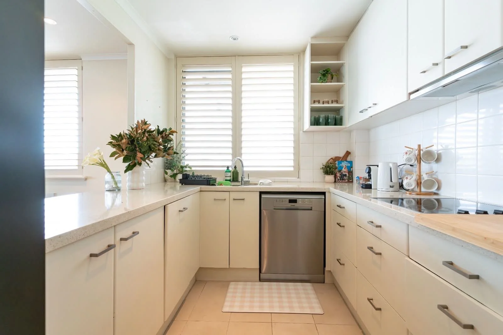Kitchen countertop with dish drying rack, sink, dishwasher, and potted plant near a window.