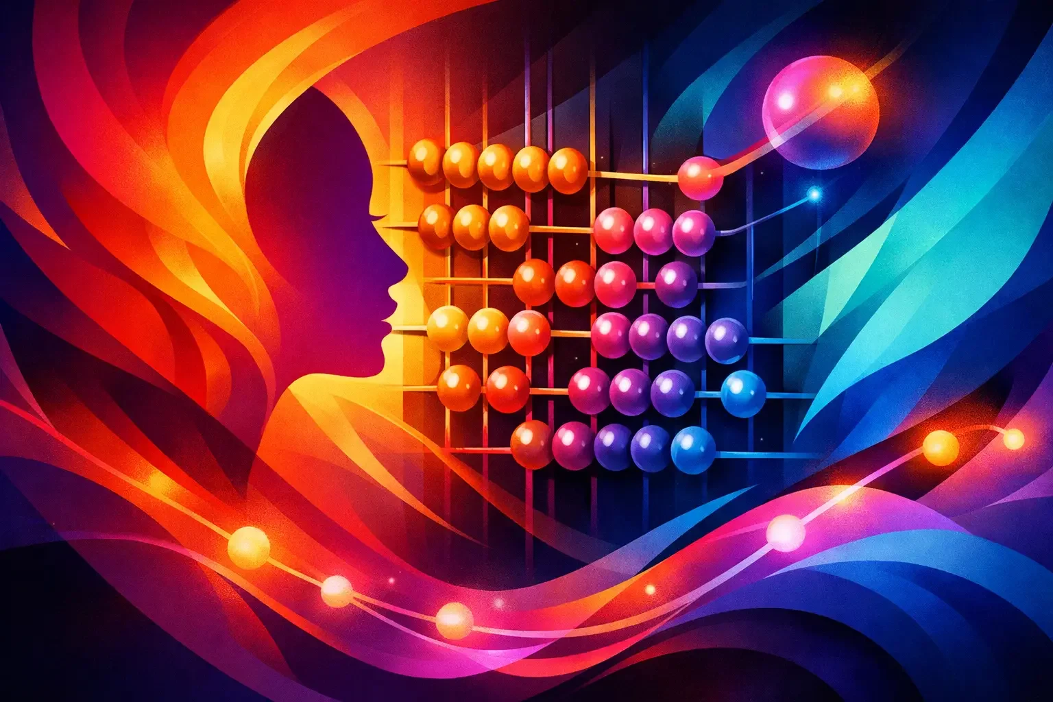 An image of an abacus and a woman's face.