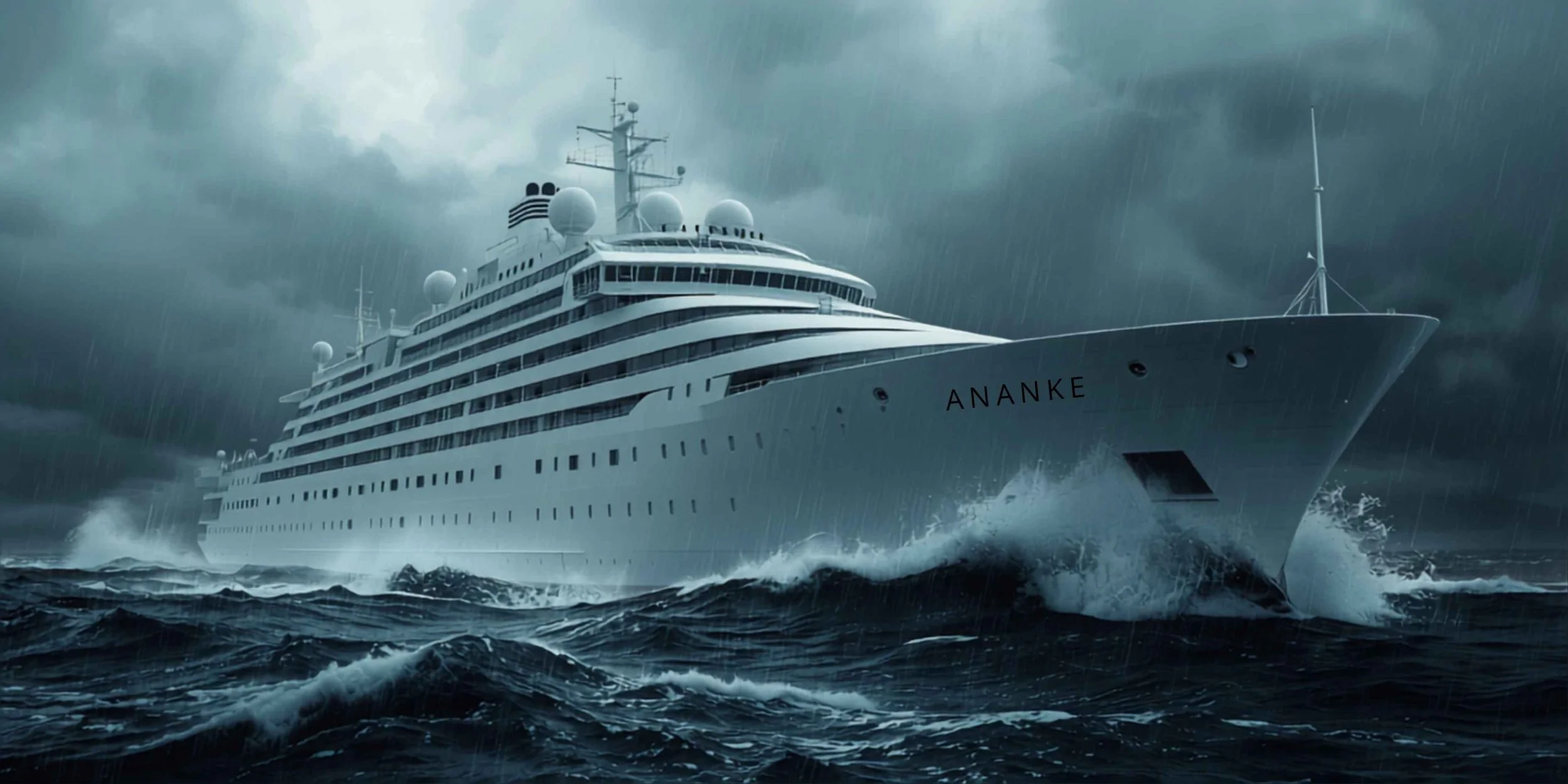 Image of Ananke, a vast white ship at sea. Schelldhardt's corporate headquarters