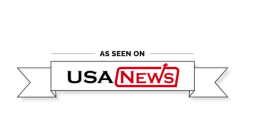 A logo with the text 'As Seen On USA News' embedded inside a banner. The banner has a ribbon design, with the words 'USA News' in bold, and the word 'News' highlighted in red.