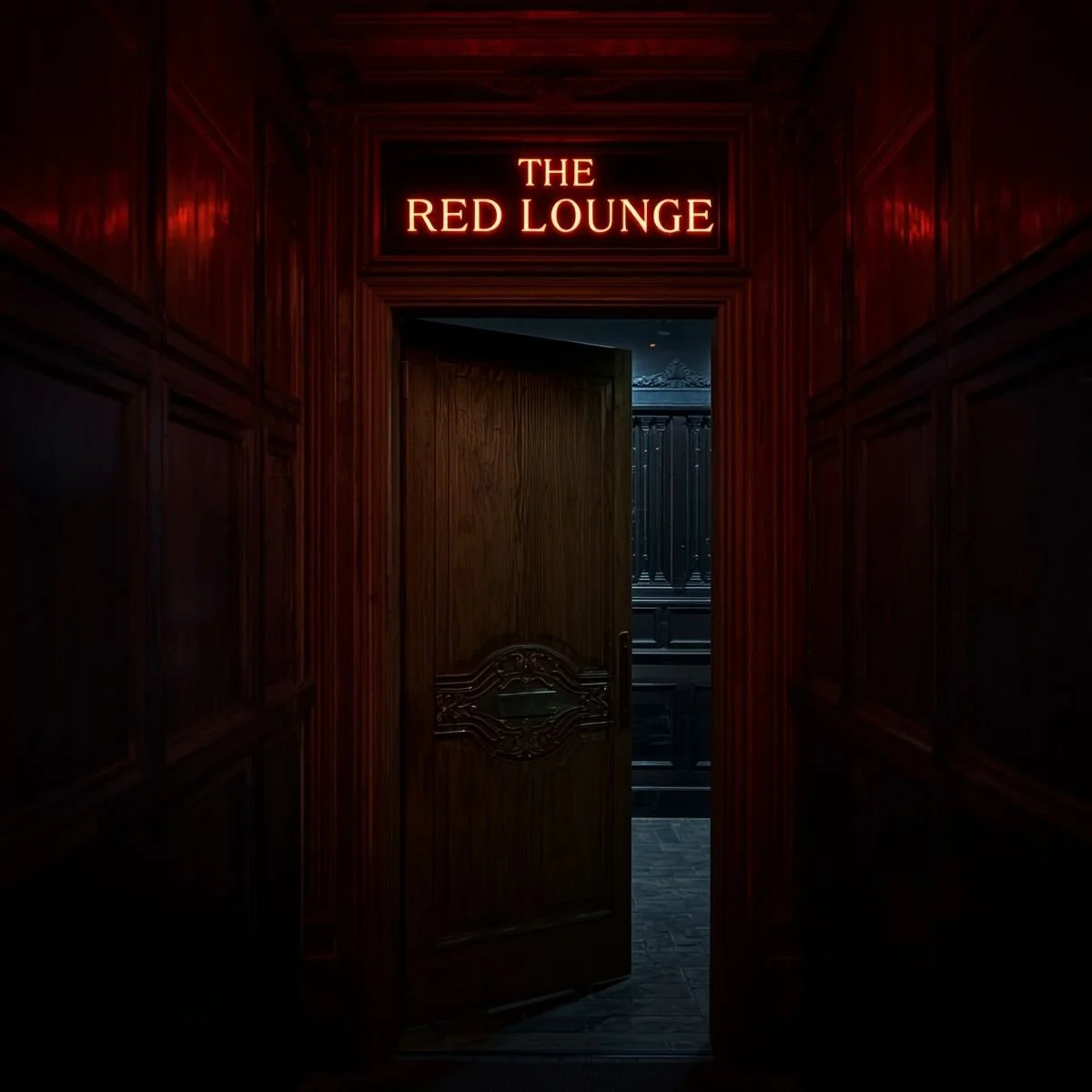 Dimly lit wooden door with a sign above it reading "The Red Lounge" in red neon, partially open revealing a dark room with wooden and black furniture.