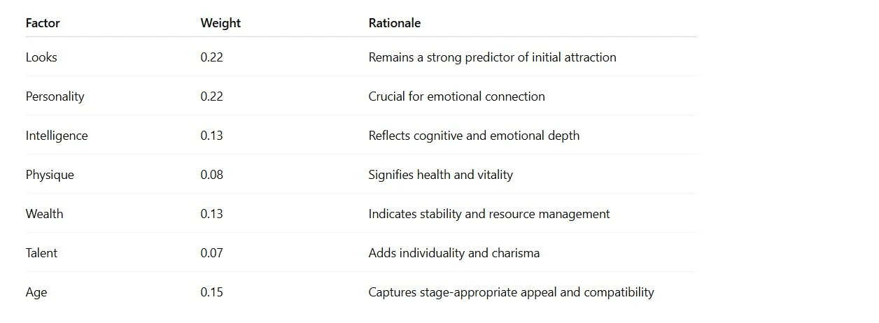 Weighting table for calculating dating score