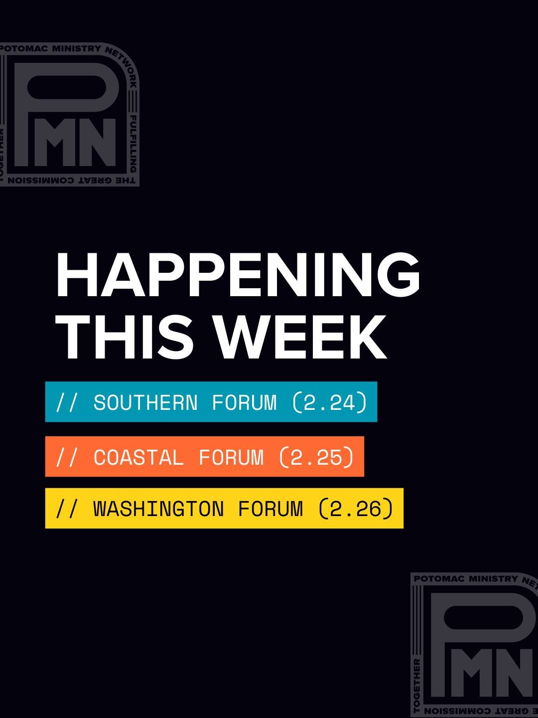 Regional forums kick off this week at 9:45am, with gatherings at:

📍Destination Church, Hopewell, VA (2.24)
📍Calvary A/G, Hampton, VA (2.25)
📍Trinity A/G, Lanham, MD (2.26)

We can't wait to see you for worship, announcements, elections and breako