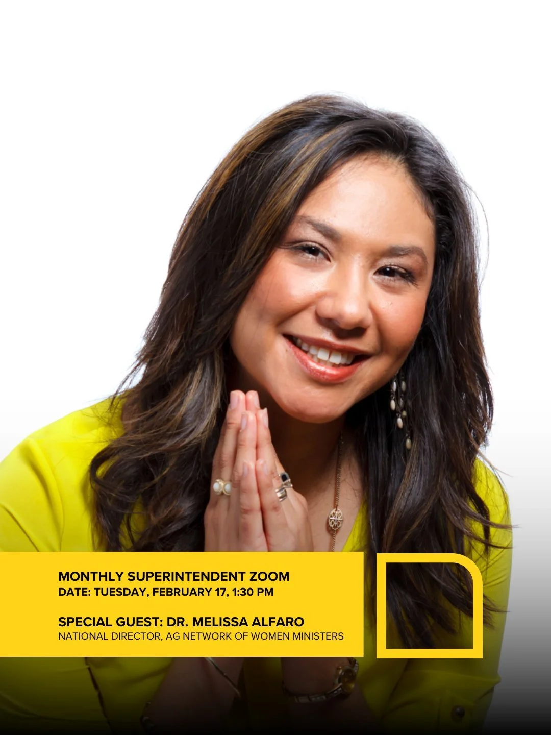 It's almost time for our another Superintendent Zoom, and this month, we're excited to welcome @pastor_melissa as our guest!

Dr. Melissa Alfaro serves as the National Director of the Assemblies of God Network of Women Ministers and will be sharing o