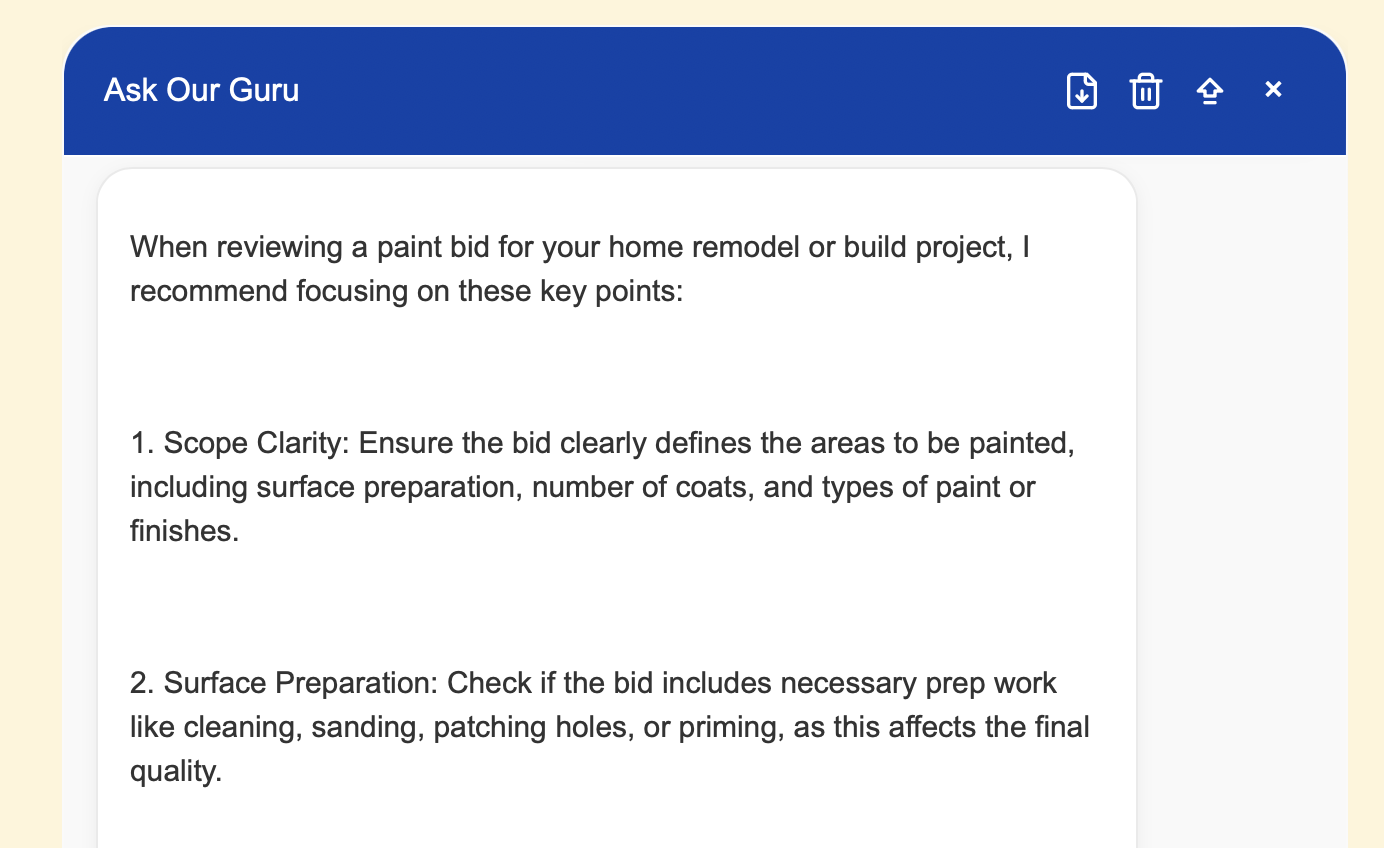 Screenshot of a webpage titled 'Ask Our Guru' with text providing tips on reviewing paint bids, including points about scope clarity and surface preparation.