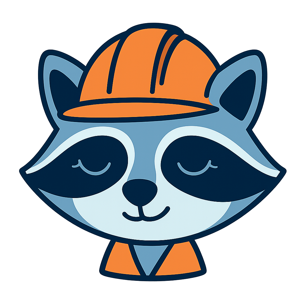 Cartoon raccoon wearing an orange hard hat and vest, with eyes closed and a peaceful expression.