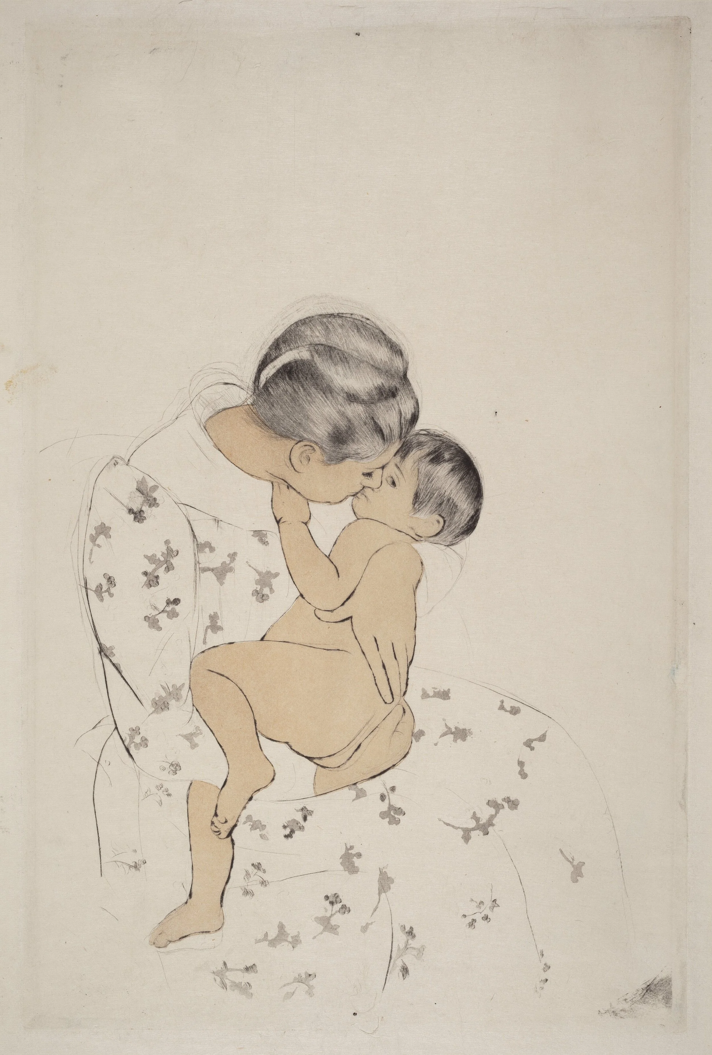 Drawn image of a mother kissing her baby. Mother's Kiss, Mary Cassatt, 1890-1891 retrieved from the National Gallery of Art. Open source.