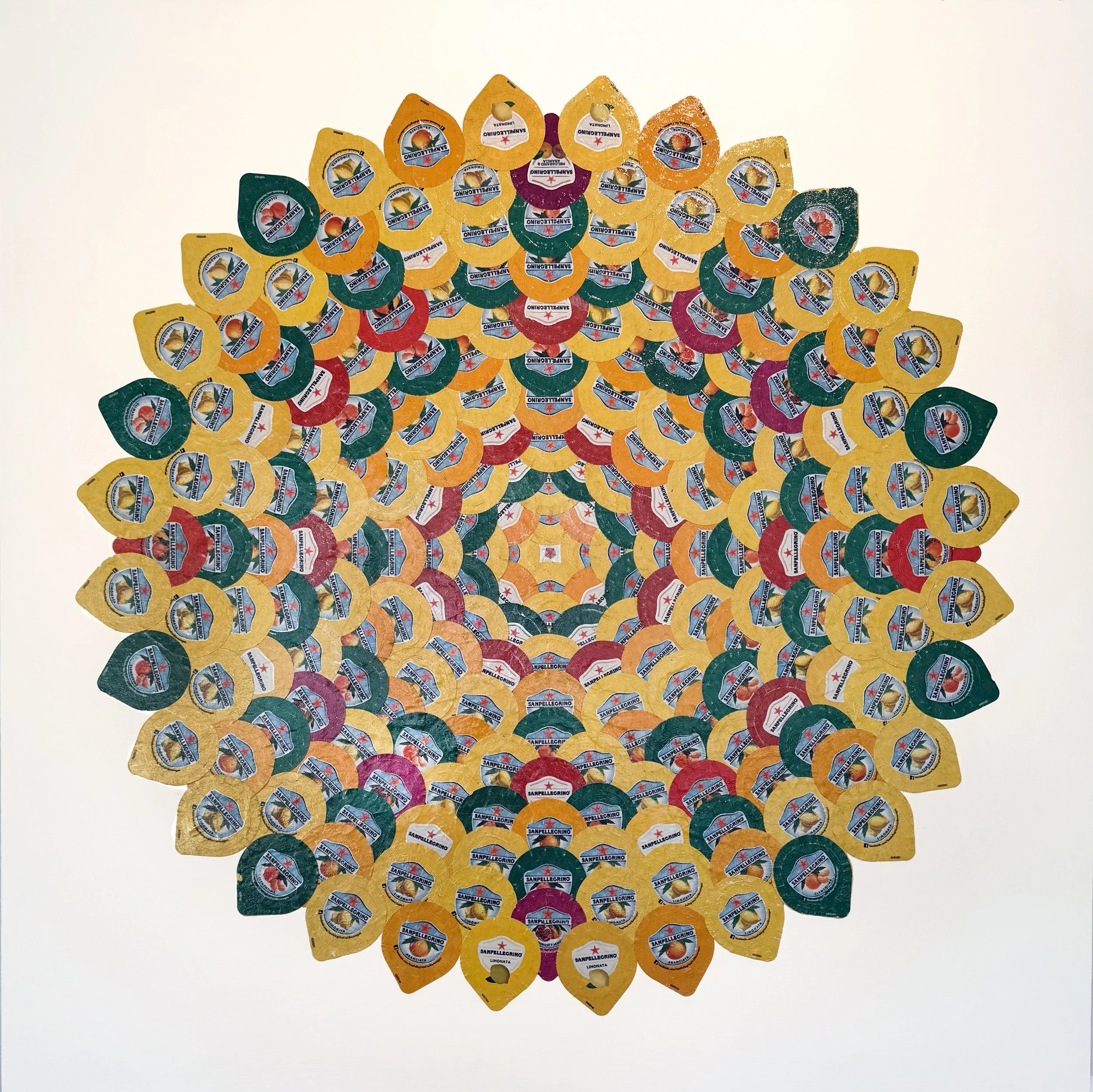ZESTY 2026,
Recycled aluminum from San Pellegrino cans, collected over 10 years. 
36” x 36”