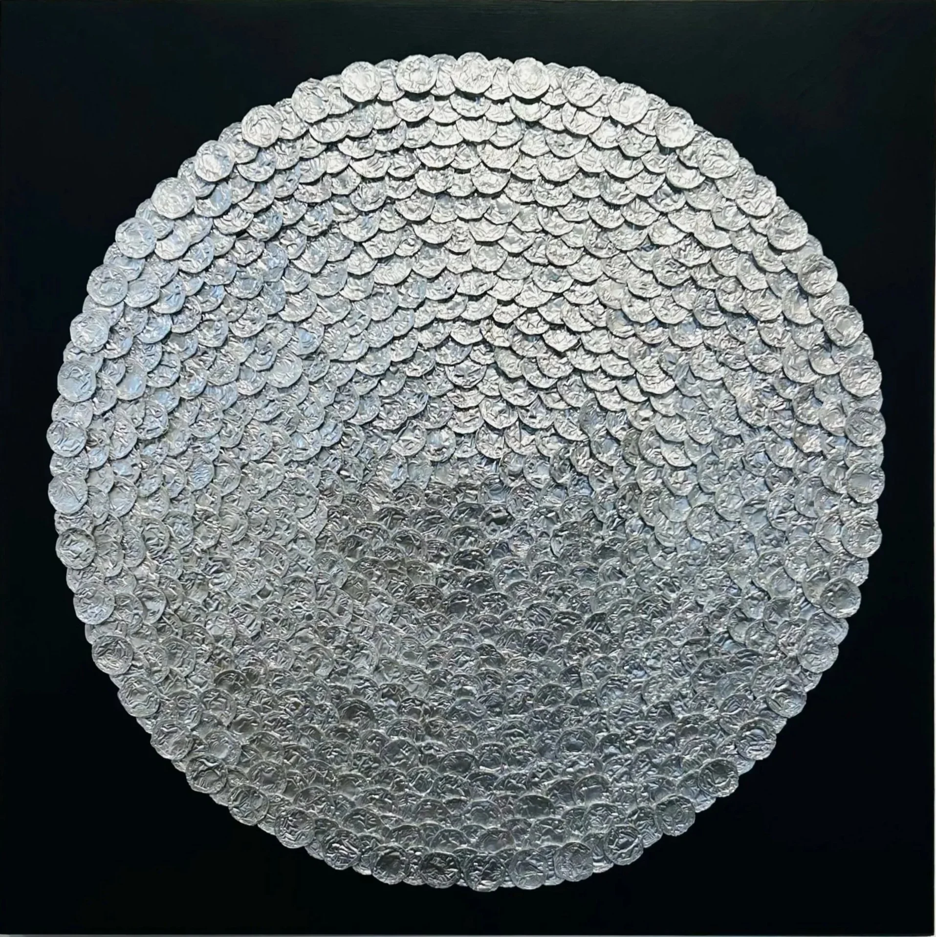 BOUGIE BOOGIE, 2025,
Aluminum (recovered tea lights) on wood panel, Aluminium (bougies chauffe-plat récupérées) sur panneau de bois, 36" × 36"  [vendue | sold]