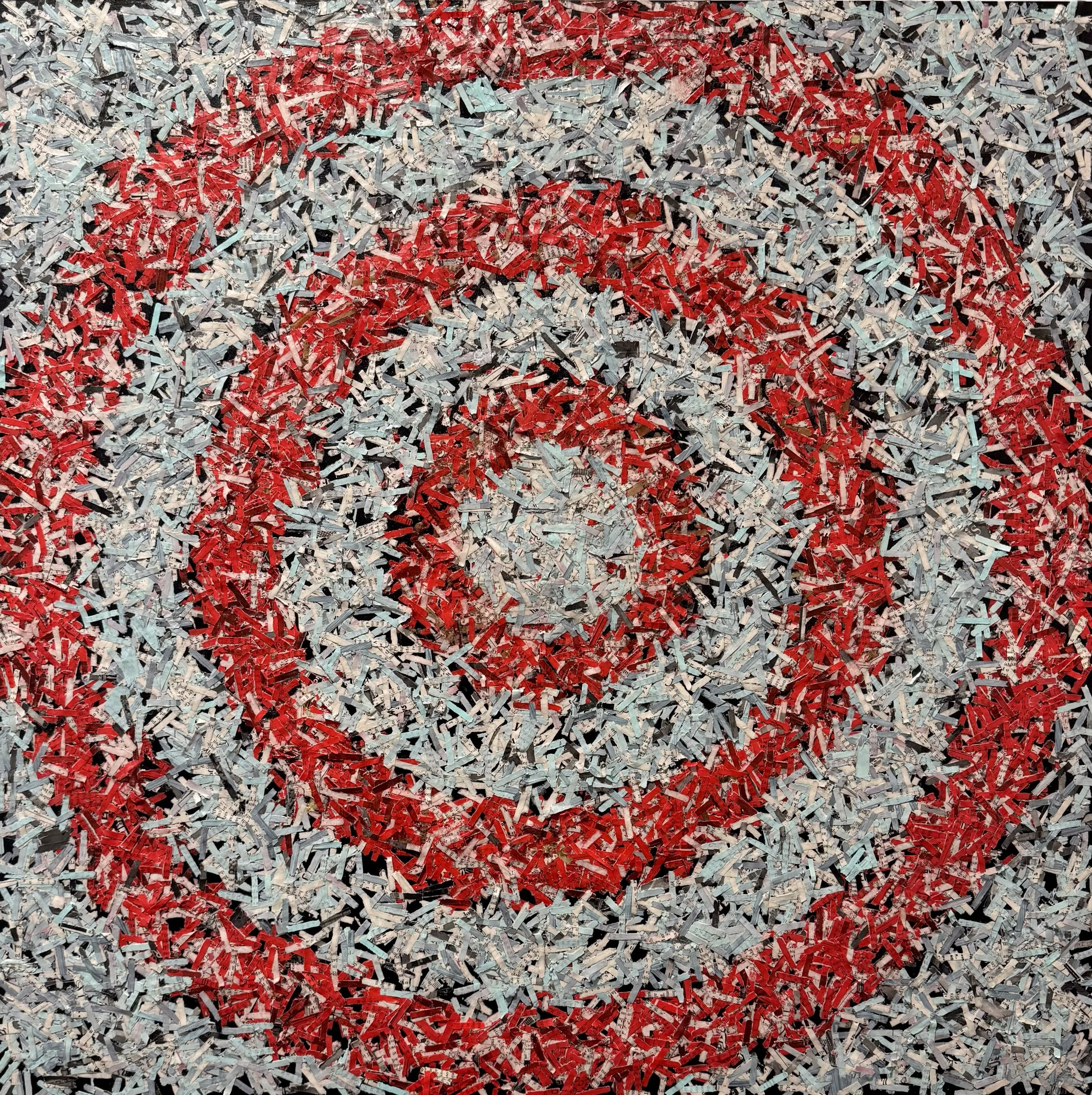 RIPPLE EFFECT 2026, Collaged paper from Holiday magazine (1947), gouache-acrylic on panel, 30" x 30"
