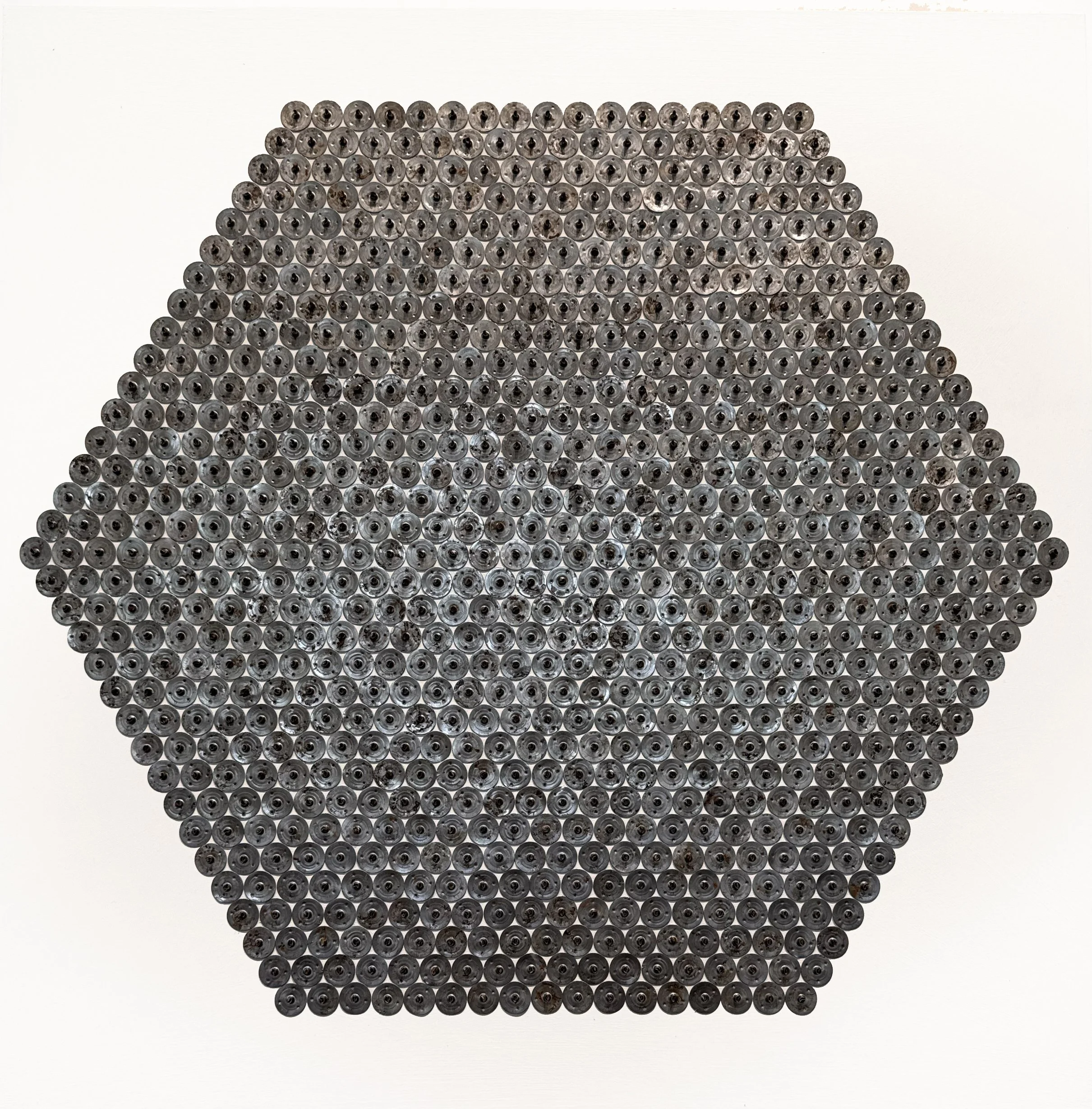 INNER BOUGIE BOOGIE 2026,
Mixed media panel,
Technique mixte sur panneau,
(877 wick holders from bougies)
20” x 20”