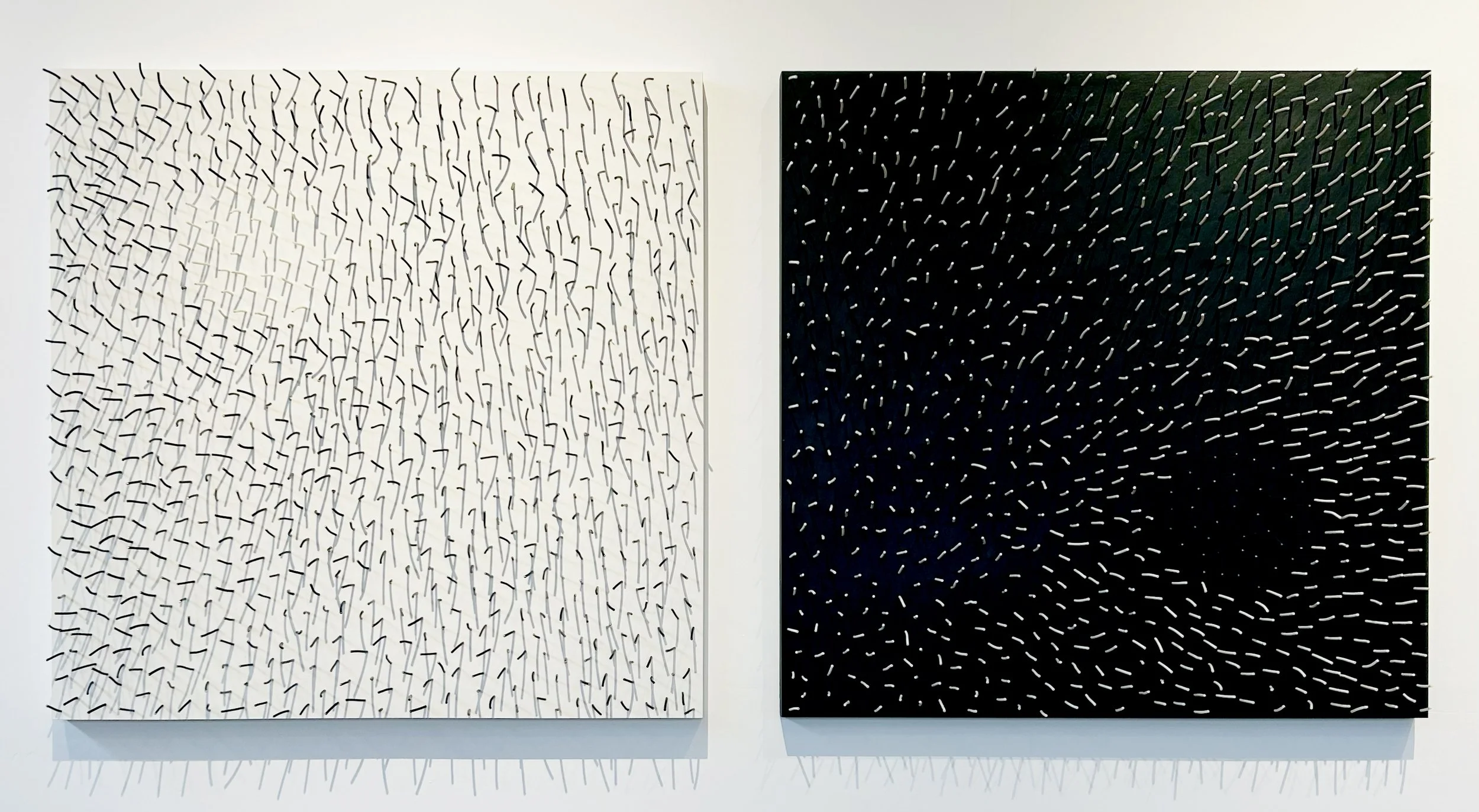 BING AND BANG diptyque, 2025
 Electrical wires left from renovations and acrylic on pannel , Fils électriques restants de rénovations et acrylique sur panneau  ,  
36” x 36 “ [vendue | sold]