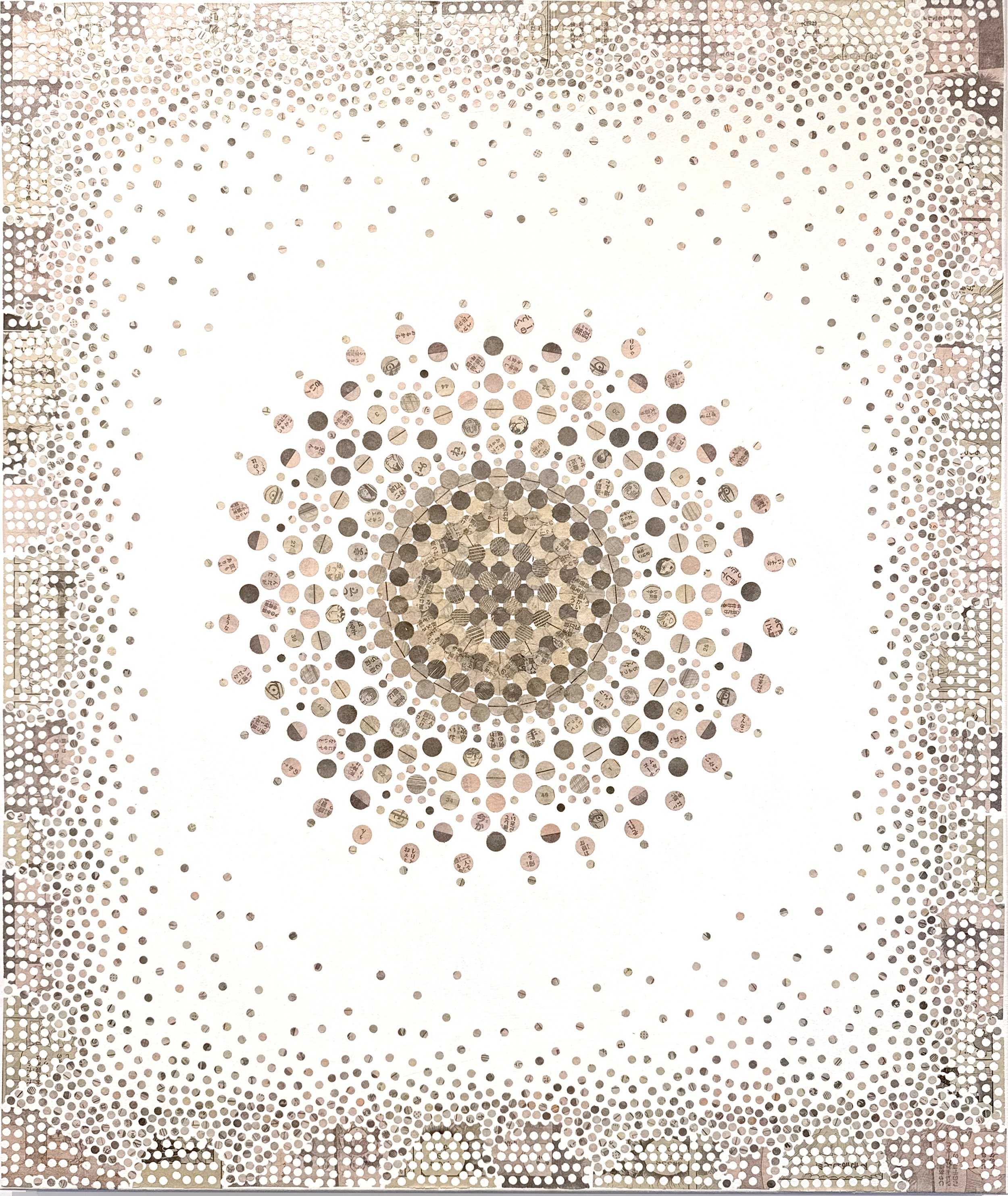 MANGA MANDALA 2026,
Acrylic and paper (Manga from 2025 ) on canvas, Acrylique et papier sur canevas,  30” x 36”