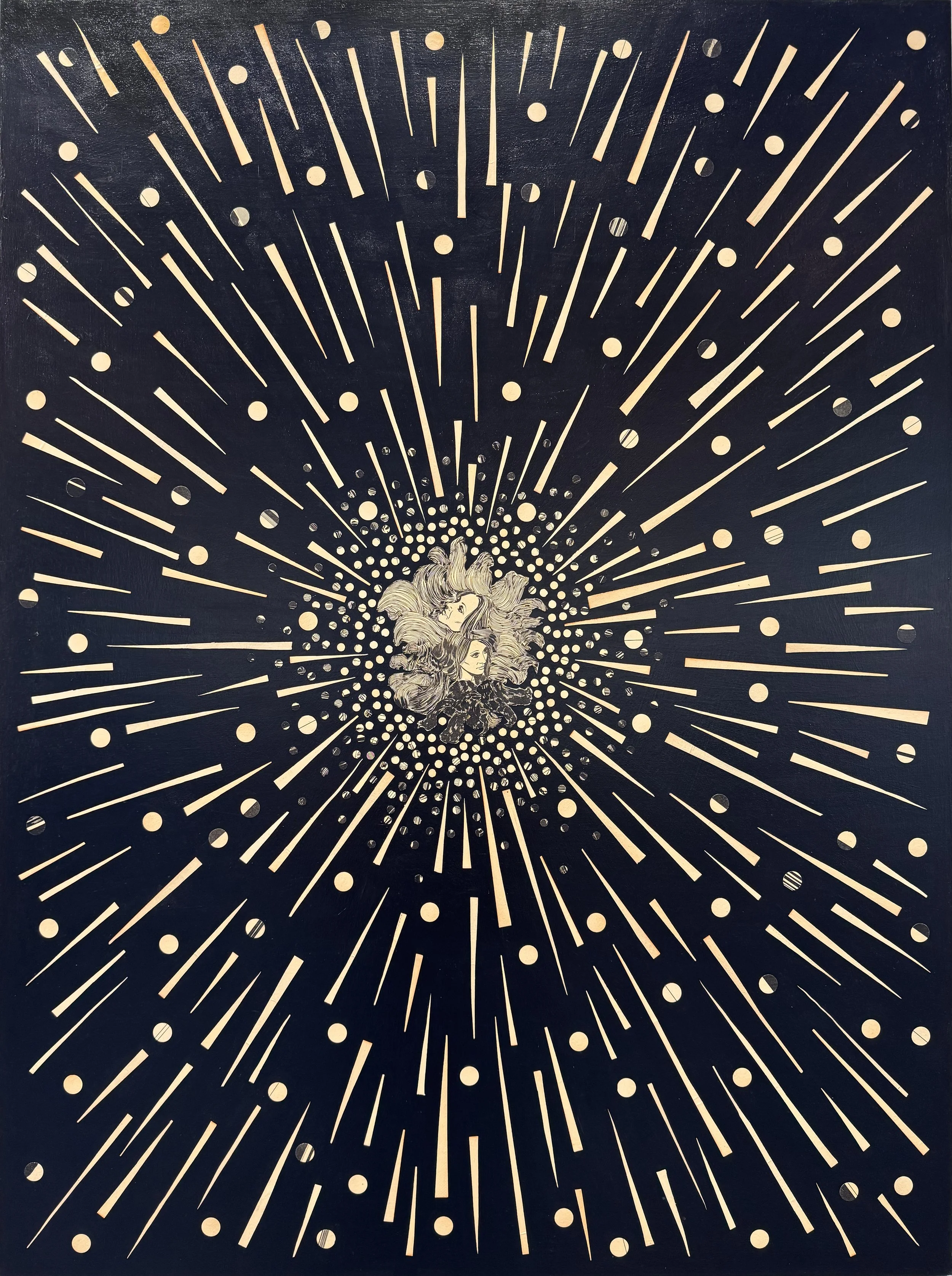 CHEVEUX COSMIQUES, Série Visages de la nuit 2026
Paper on panel, collage from comic Visages de la nuit (1977), Papier sur panneau, collage à partir de la bande dessinée Visages de la nuit (1977), 30" x 40"