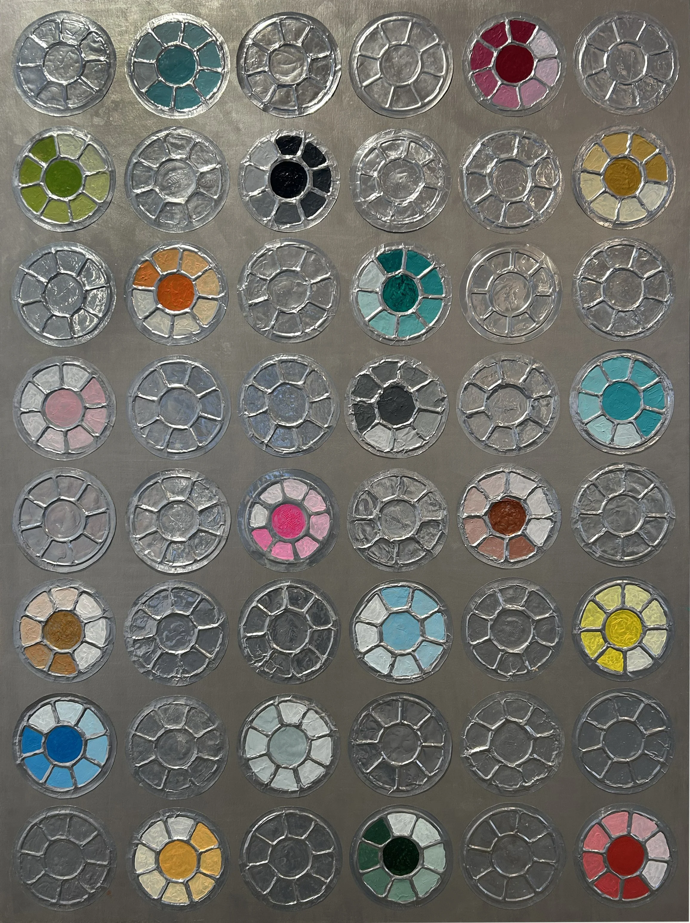 POUTINE PALETTE, Recycled Recycled aluminum containers and acrylic on panel, Contenants d’aluminium recyclés et acrylique sur panneau, 36" x 48"