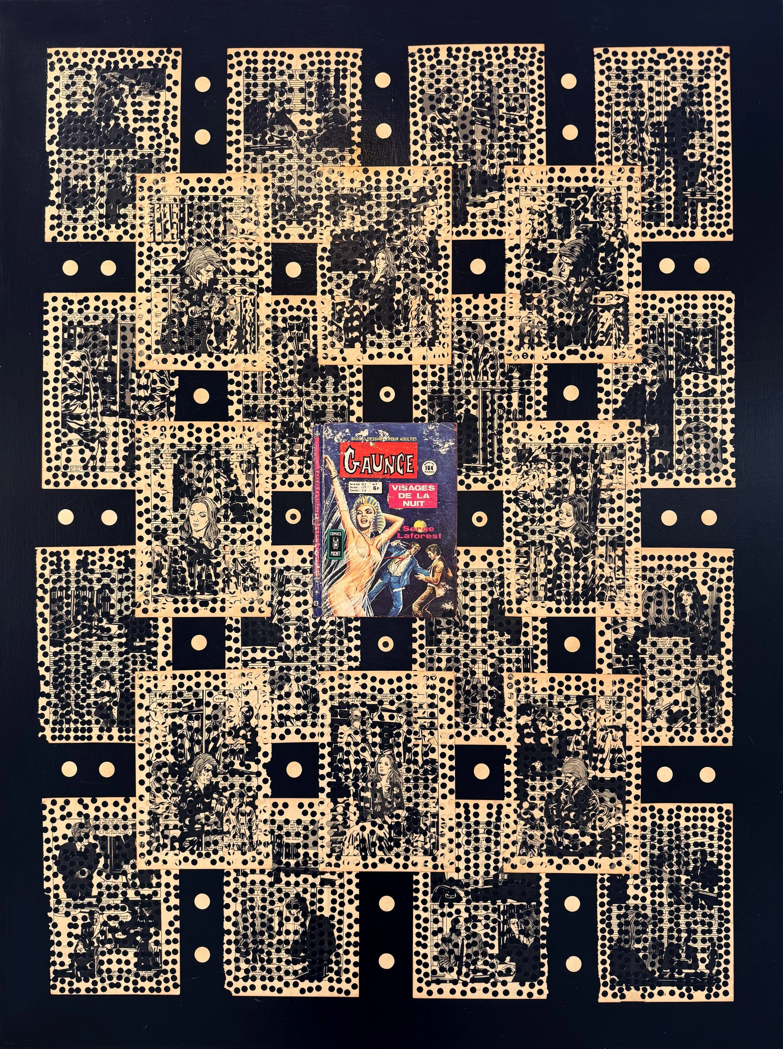 POUR ADULTES, Série Visages de la nuit 2026
Paper on panel, collage from comic Visages de la nuit (1977), Papier sur panneau, collage à partir de la bande dessinée Visages de la nuit (1977), 30" x 40"
