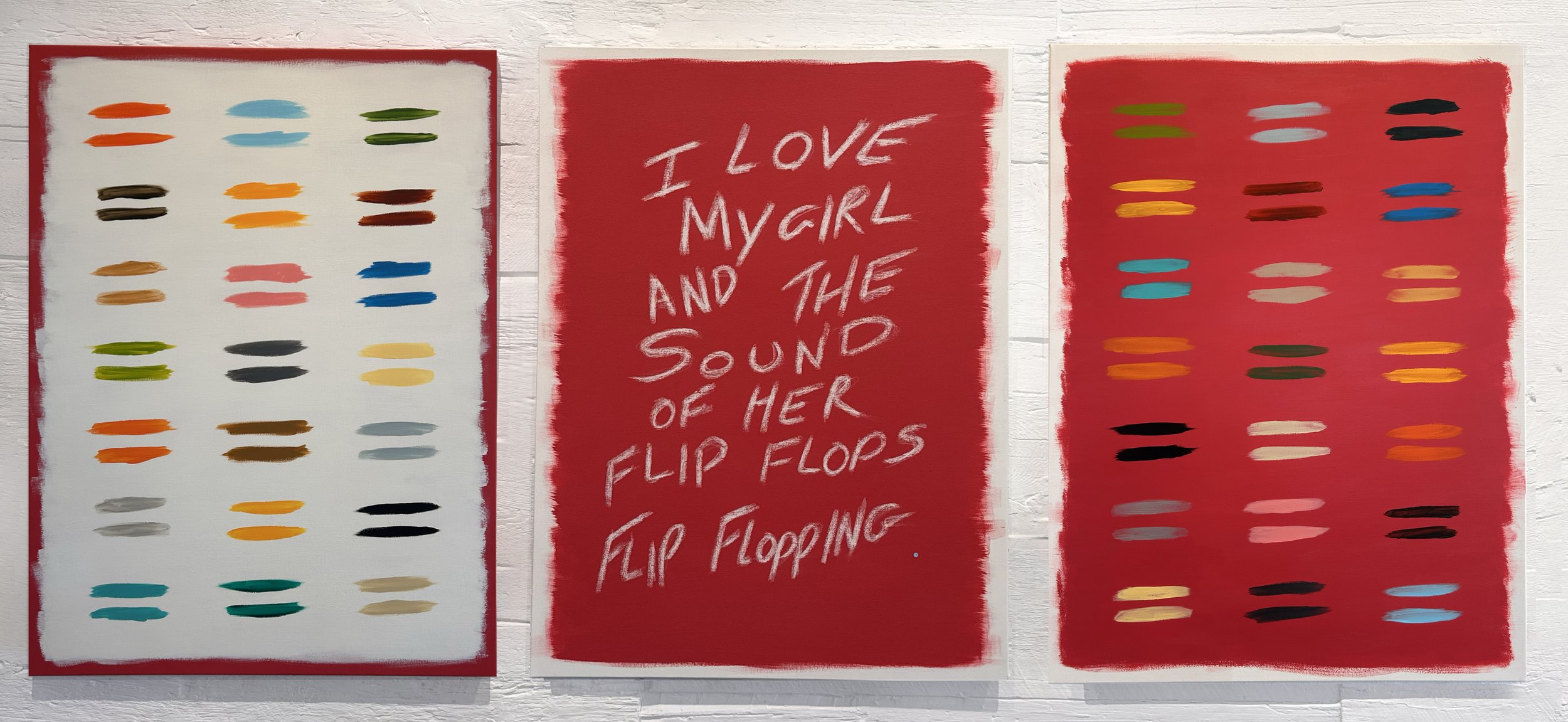 FLIP FLOPPING tripitque 2026,
 latex and chalk on panel ,  Latex et craie sur panneau, 30" x 40"